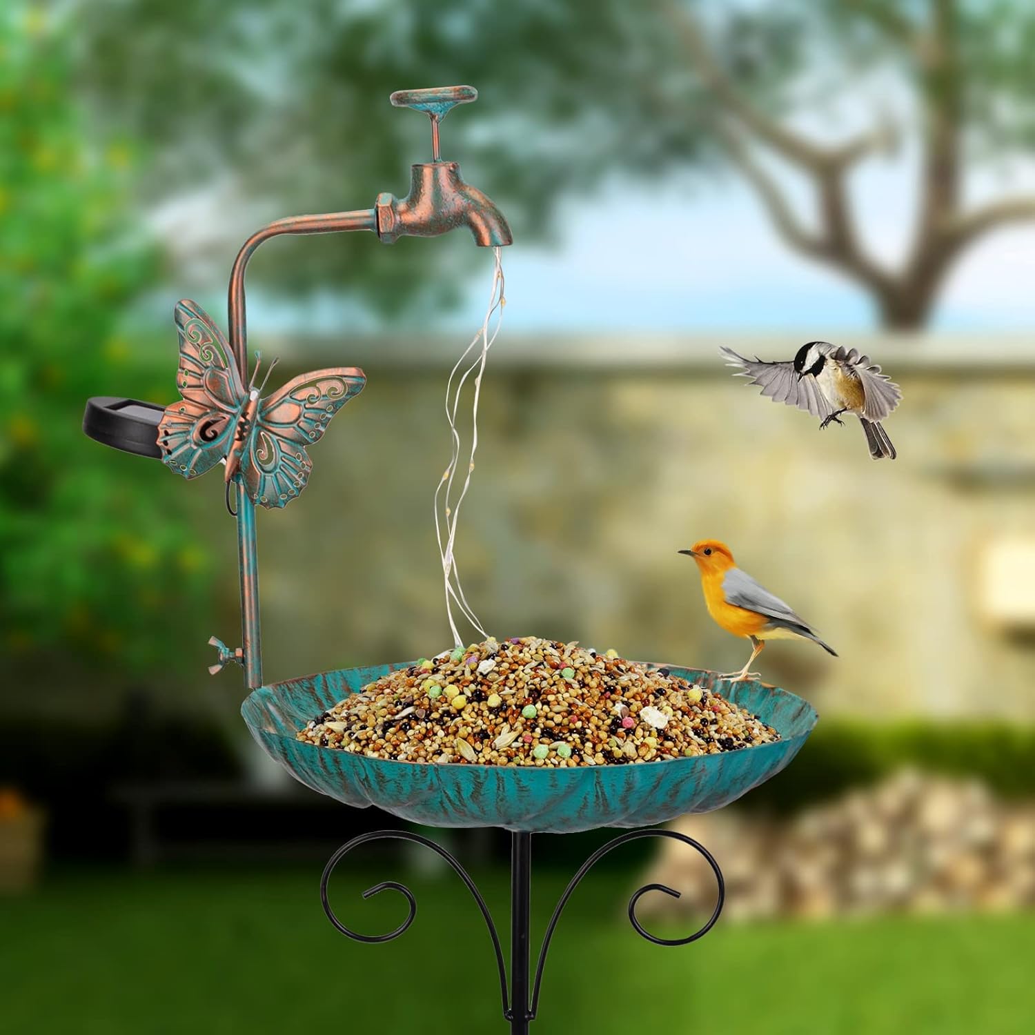 DREAMYSOUL 37" Colorful Kinetic Wind Spinner+50” Height Solar Bird Bath,Metal Outdoor Yard Garden Decoration
