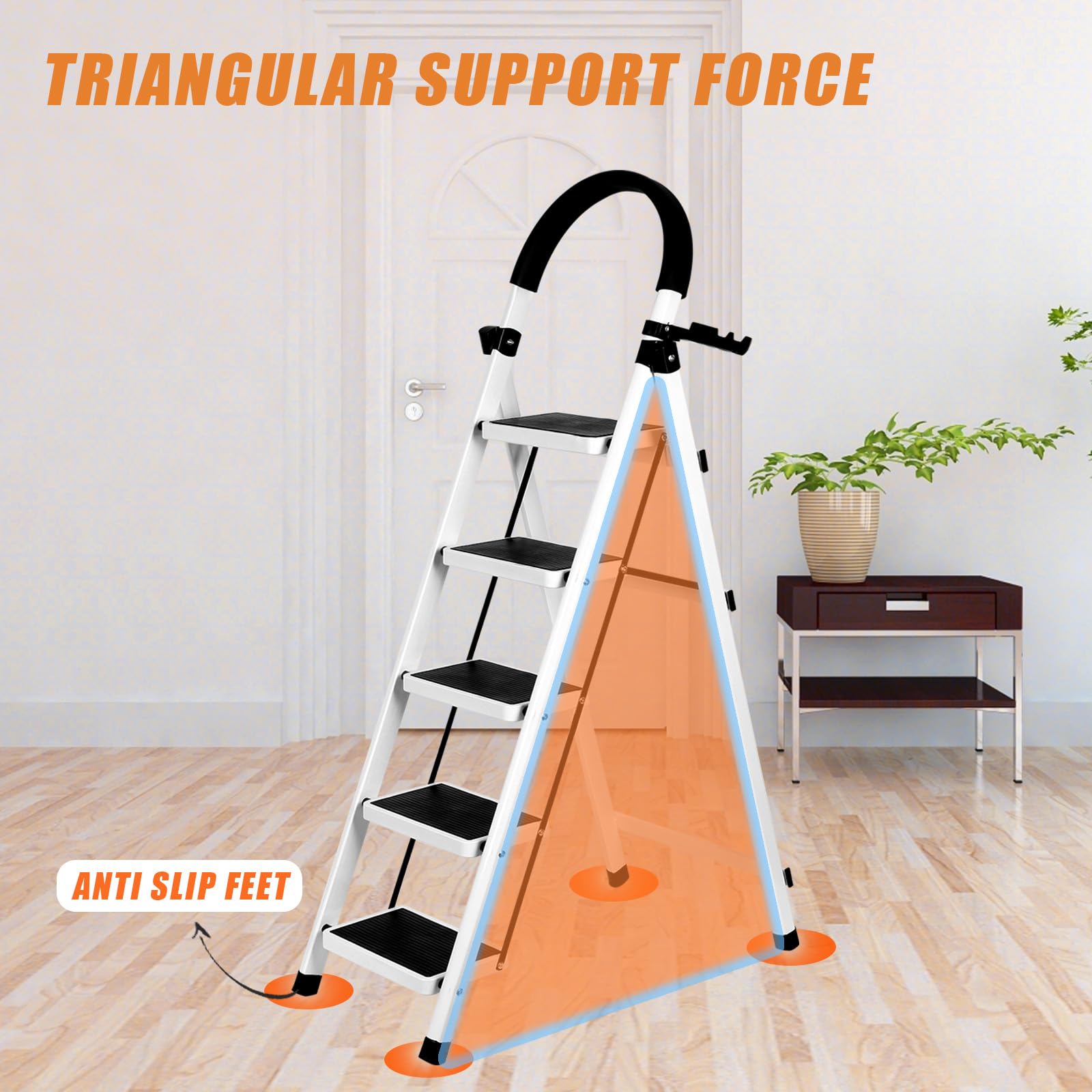 Escabeau Robuste avec Main Courante de Sécurité,Capacité de Charge 160kg,Tabouret Pliant Portable Marches en Caoutchouc Antidérapant Pédales(B) 152 x 87 x 39 cm – 5 étapes (Blanc)