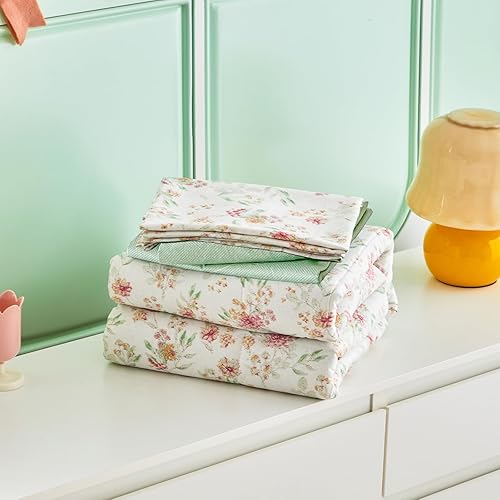 Miniatura 6 de Joyreap Juego de ropa de cama de algodón de 4 piezas para niños pequeños estampado de flores verdes en blanco juego de edredón suave y transpirable