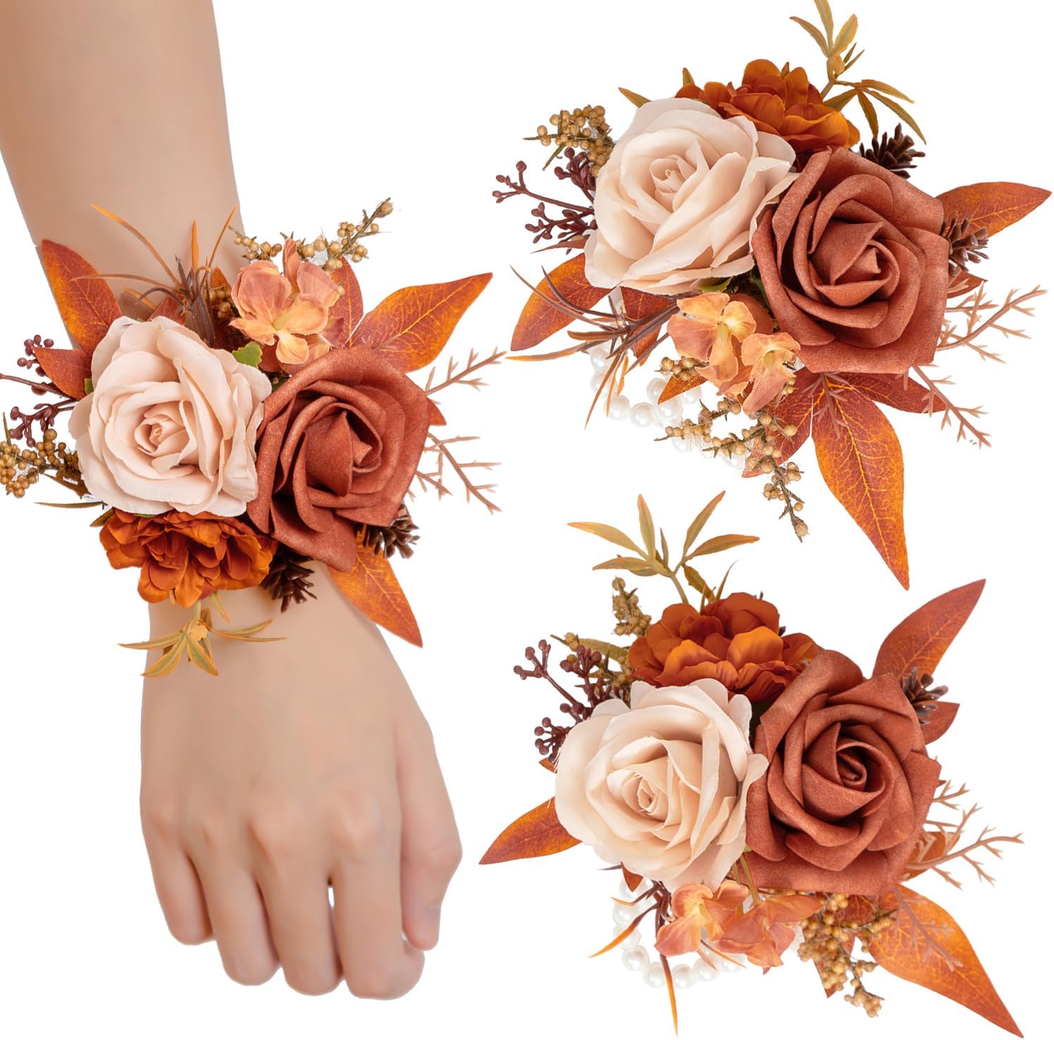 TINGE TIME Set of 2 Wrist Corsage Bracelets Pearl Wristlet Band Bridesmaid Bracelet for Wedding Ceremony Bridal Shower Wedding Artificial Flower Prom (Maple Red)