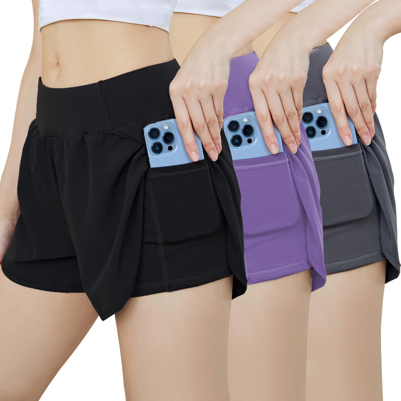 GFHGJH Shorts Mujer Deportivos 2 In 1, Paquete de 3 Pantalones Cortos Jogging de Secado Rápido para Mujer con Bolsillo para Incorporado para Entrenamiento, Gimnasio, Yoga, Tenis y más - CH - Negro Gris Púrpura