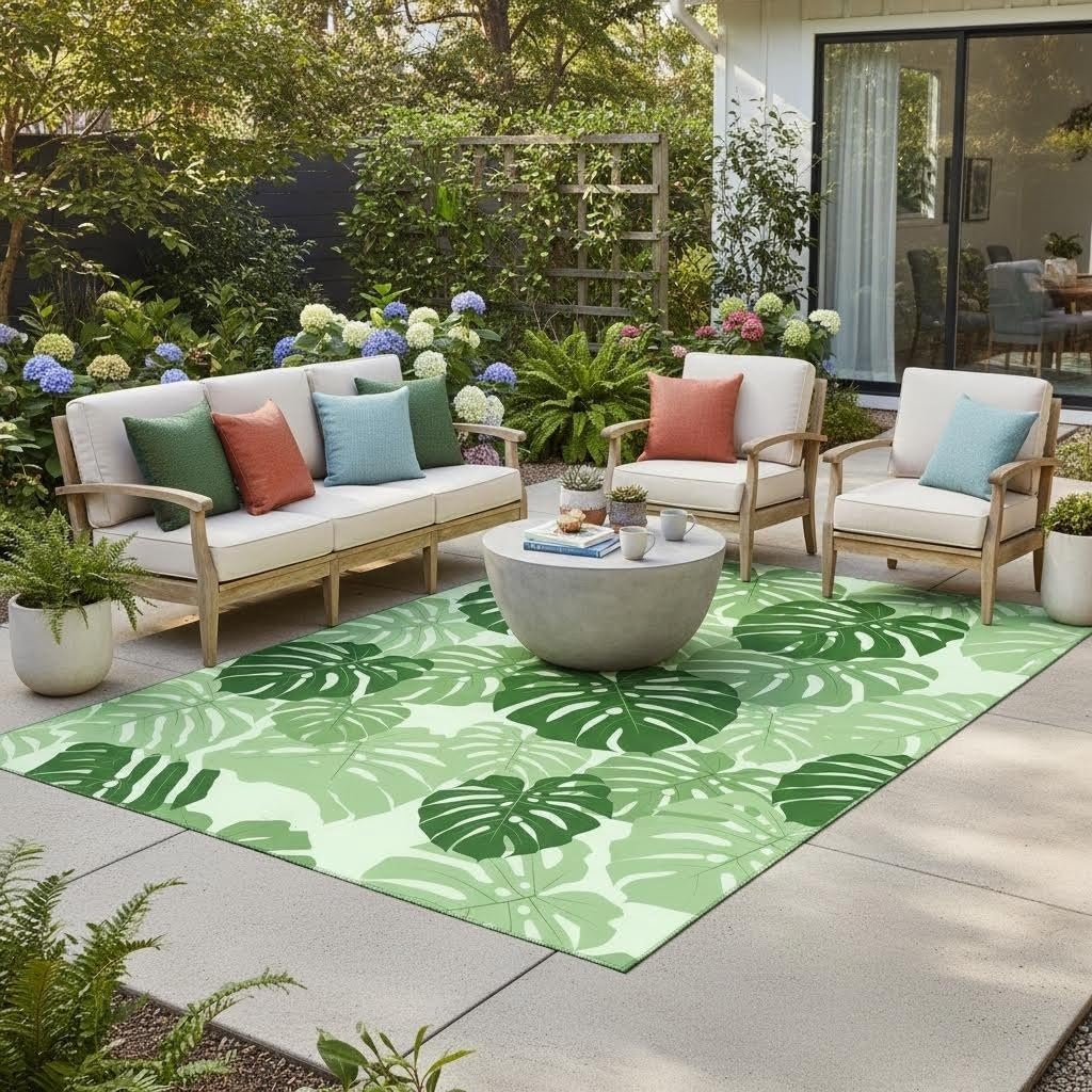 Mint Green Monstera Leaf Outdoor Rug 6x9 Tropical Plants Print Outdoor Carpet for Backyard Patio Porch Deck Balcony Camping Lightweight Easy Cleaning Outside Rugs Poolside Bathroom Non Skid Mats