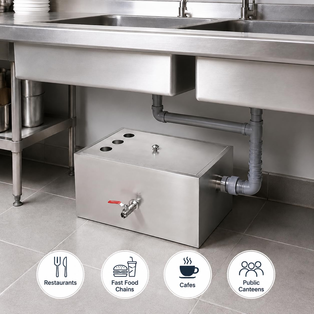 Sifone per grasso in acciaio inox, separatore di acqua sotto lavello da 0,7 mm, con cestello rimovibile, deflettori, valvola di scarico, tubo e nastro in PTFE