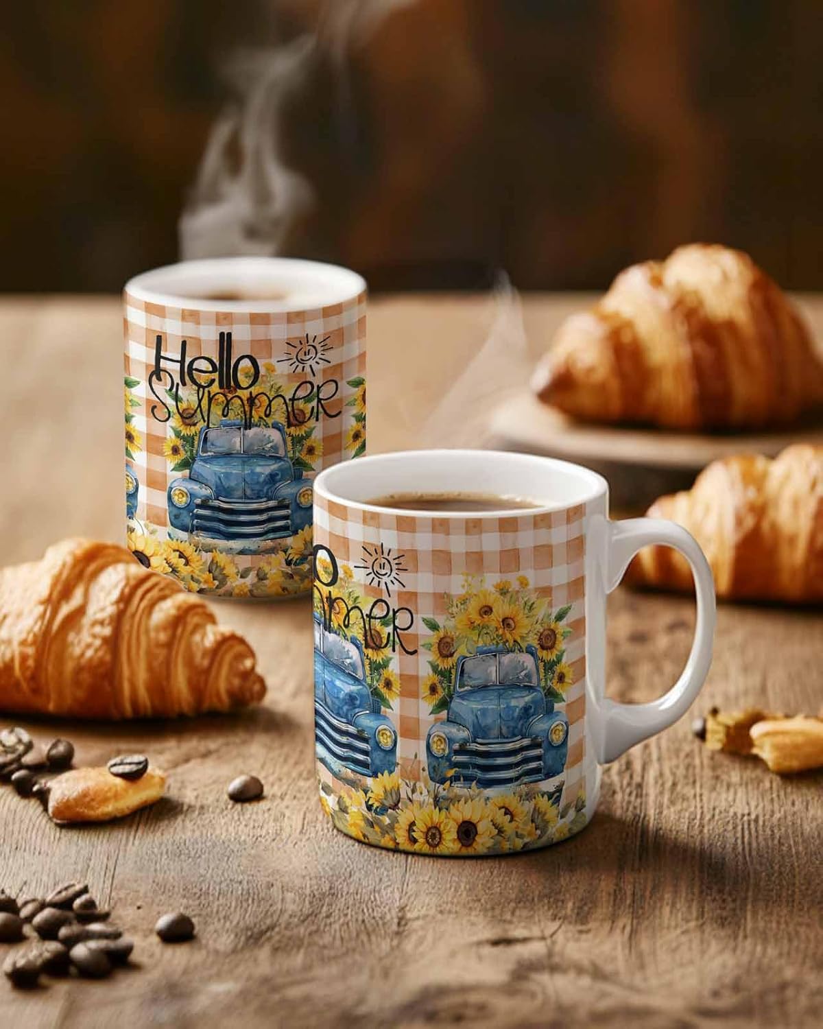 BEMIGO Ceramic Coffee Mug Summer Sunflower Truck Ceramic Mug White Cup, Buffalo Plaid Insulated Coffee Cup with Handle with Pattern Perfect for Tea and Hot Beverages, 12oz