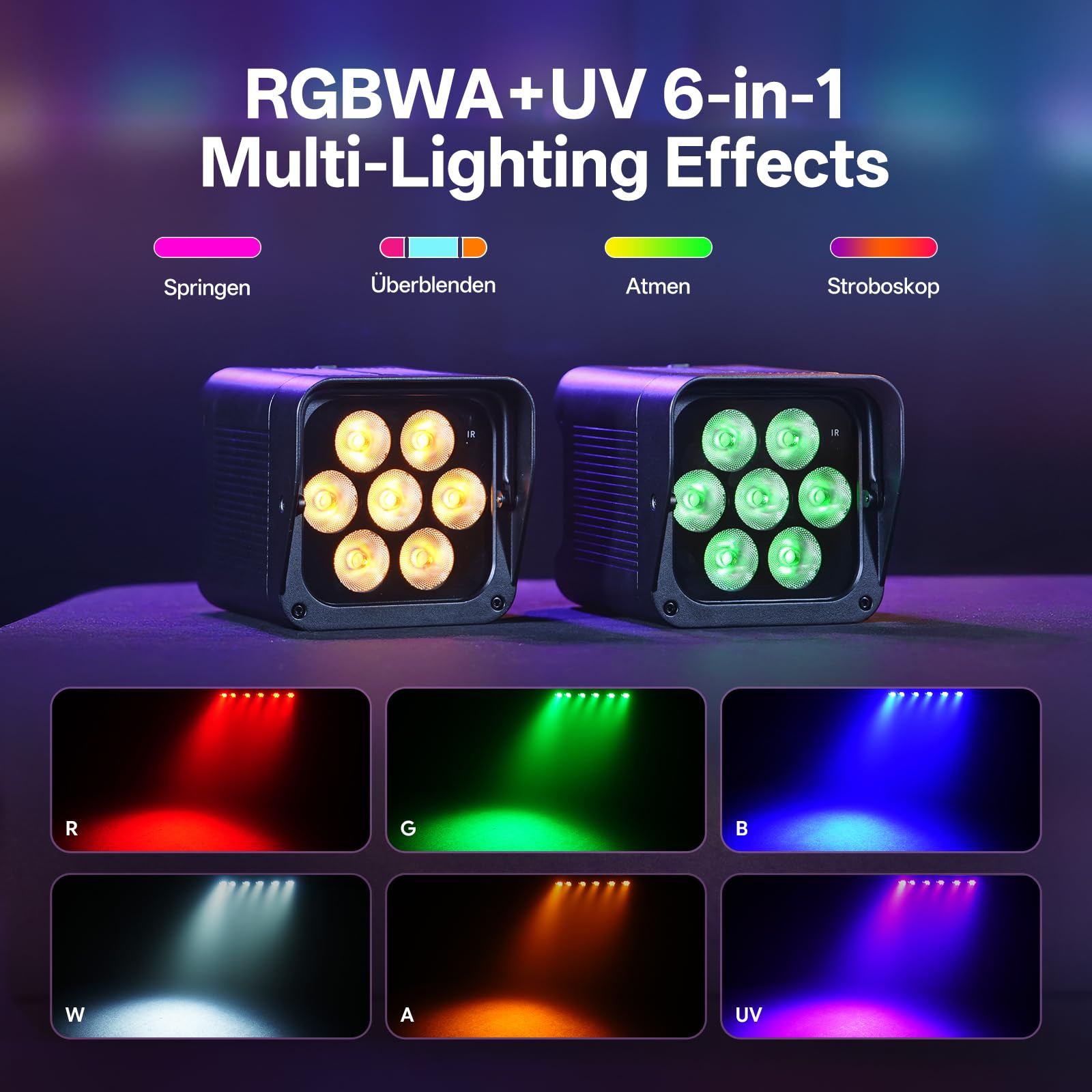 U`King Akumulator LED RGBWA+UV, 140 W IP65 Wodoodporna lampa sceniczna z akumulatorem 8800 mAh, obsługuje D MX Bezprzewodowy 2.4G Pilot na podczerwień Aplikacja na wesele, imprezy plenerowe