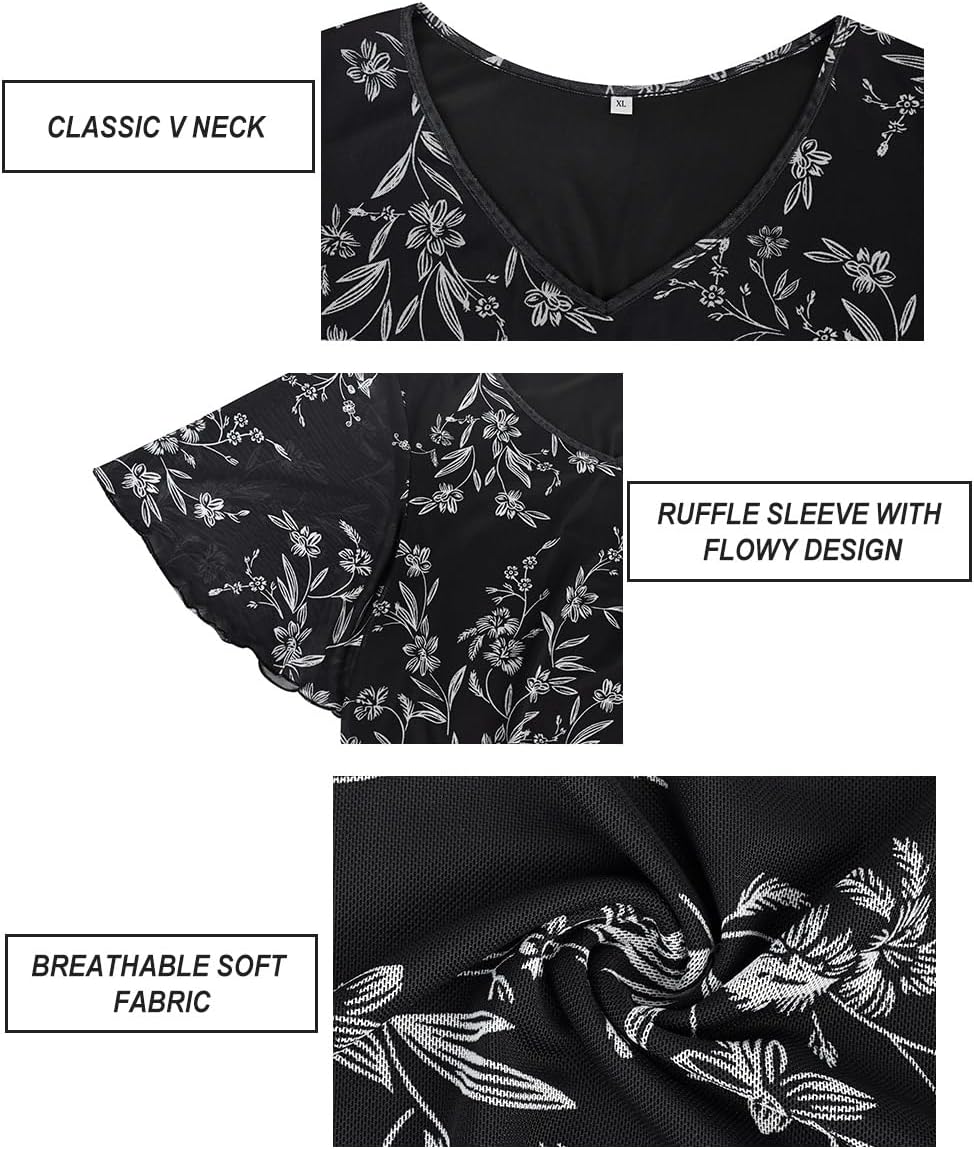 CARCOS Plus Size Tops for Women Chiffon Short Sleeve V Neck Summer Pullover Shirts Flower Blouse Tshirt XL-5XL - Image 5