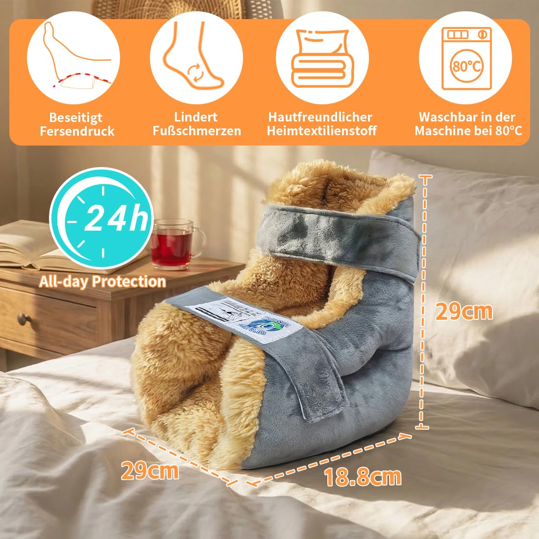 Fersenschützer gegen Dekubitus für Bettlägerige, Fersenentlastungskissen mit offener Ferse, Weiches Fersenpolster mit verstellbaren Klettverschlüssen für Druckstellen & Seniorenpflege (Grau, 1PC)