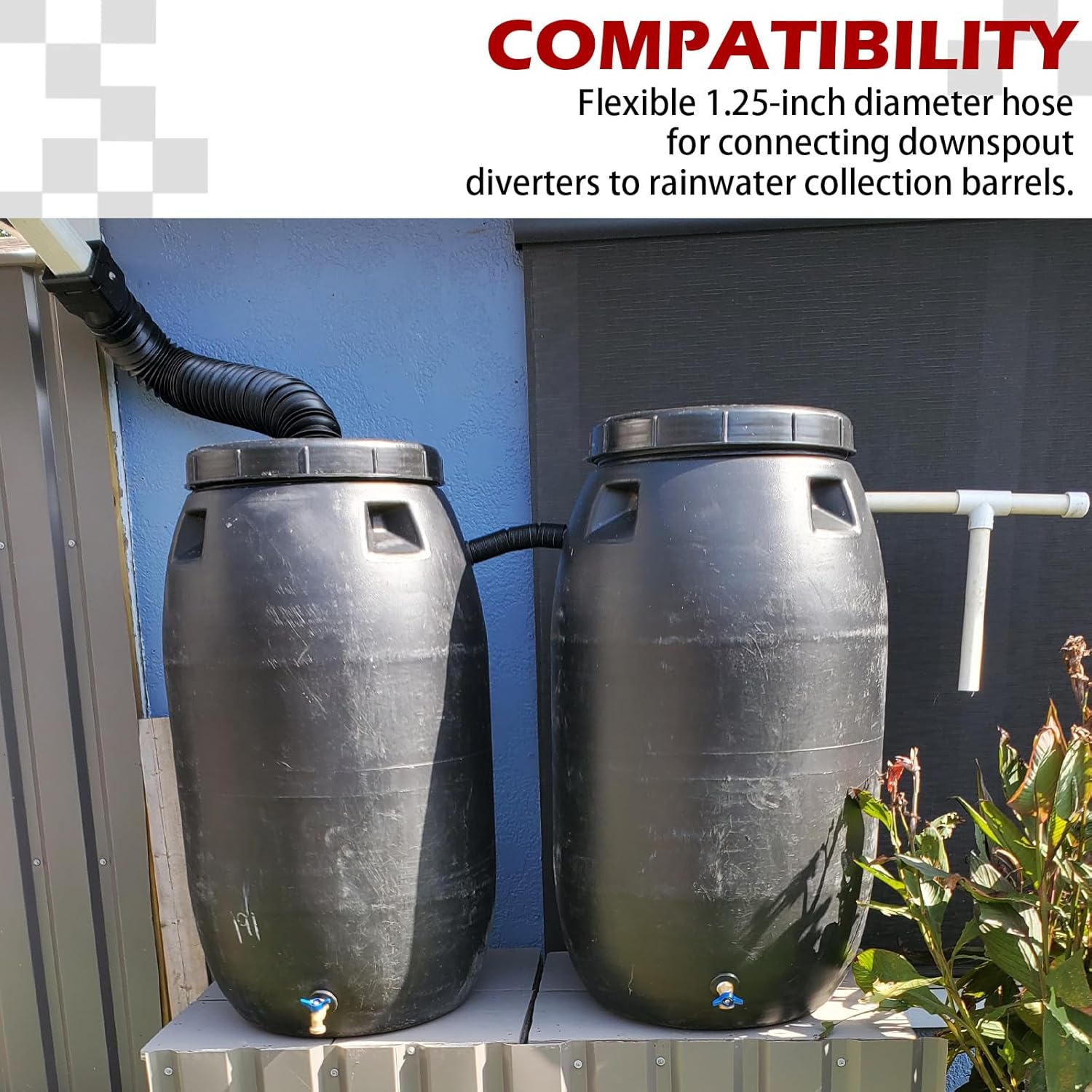 Rainwater collection downspout hose, 27.5 inches long, 1.25 inches diameter, black flexible connector for rainwater bucket, storing more rainwater for gardens and outdoors