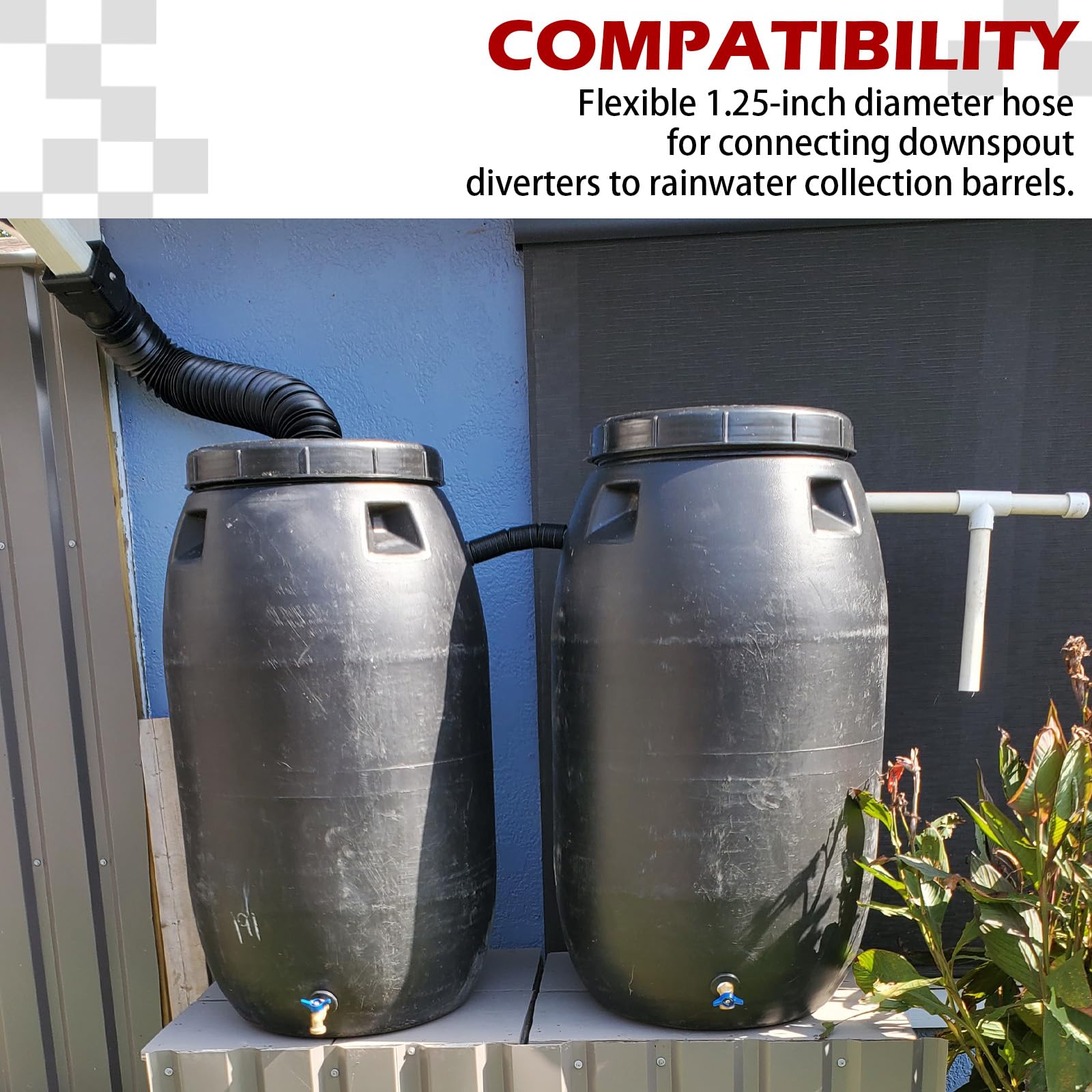 Rainwater Collection - Manguera de bajante de 1.25 pulgadas de diámetro, conector flexible negro para barril de lluvia, almacena más agua de lluvia para el jardín y al aire libre