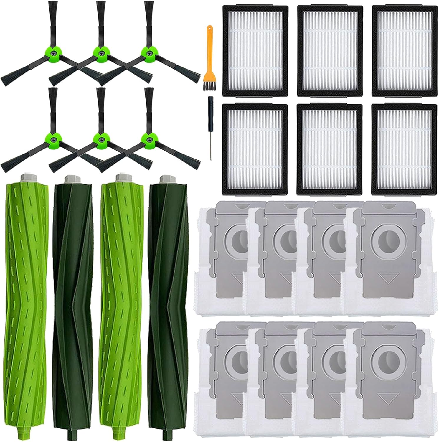 Replacement Parts for iRobot Roomba E5 E6 E7 i2 i3 i3+i4 i4+ i5 i5+ i6 i6+ i7 i7+ i8 i8+/Plus i1 E i j Series Robot Vacuum,2 sets of multi-surface roller brushes 6 Vacuum bags 6 filters 6 side brushes