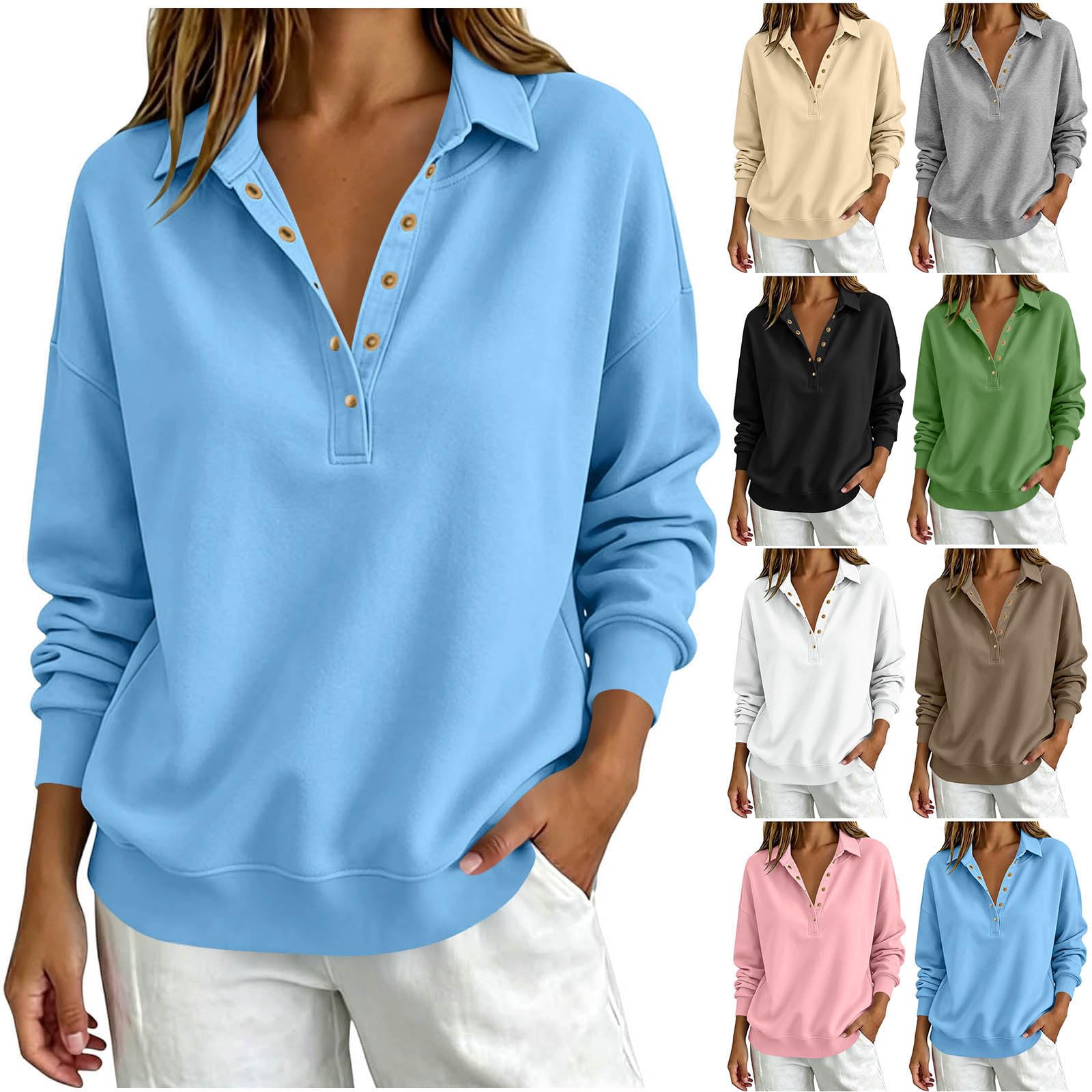 Women's Fall Sweatshirts Long Sleeve Button Collared Pullover Tops