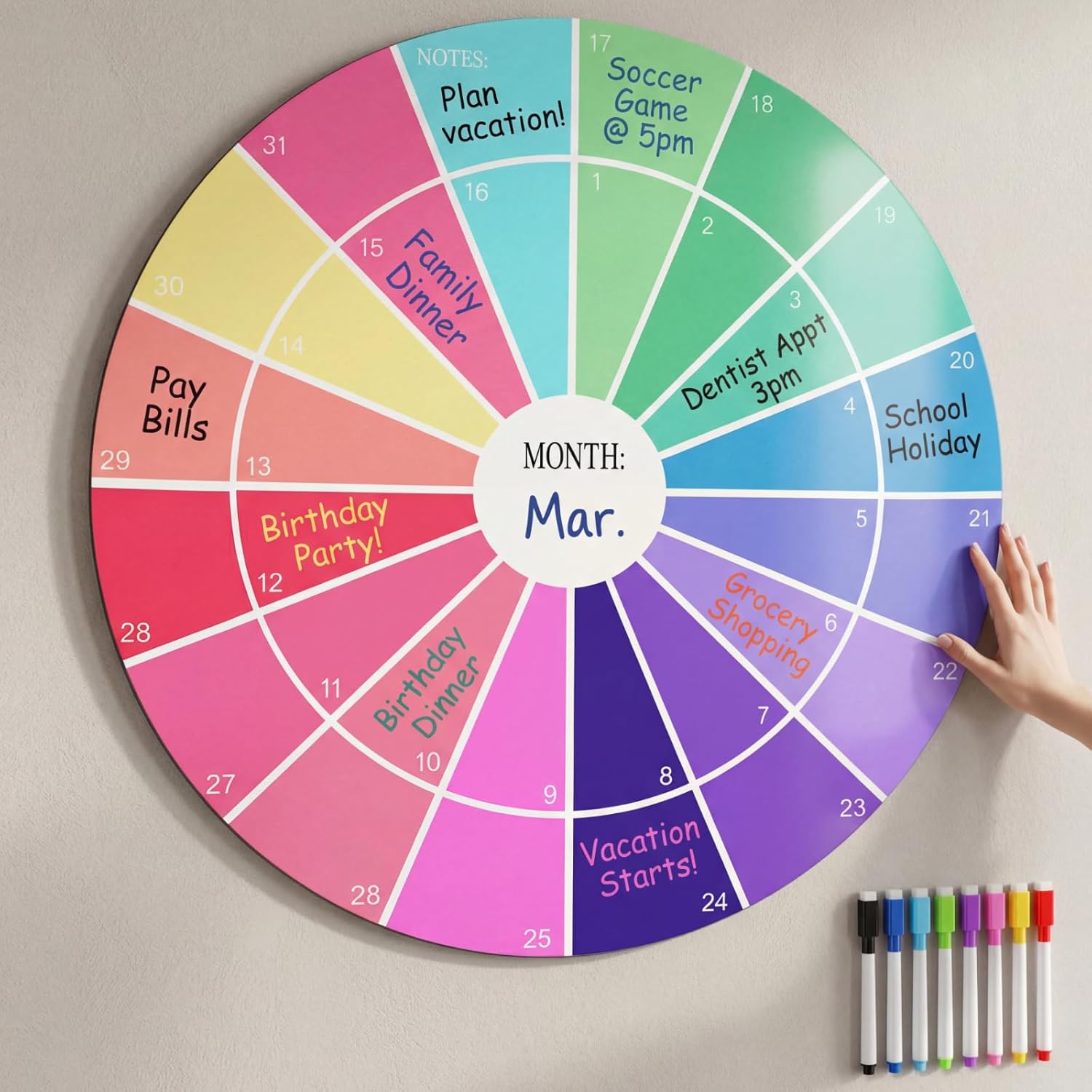 Round Magnetic Dry Erase Calendar for Wall, 27.5×27.5 Inch Monthly Whiteboard with 8 Colored Markers, Reusable Circular Planner for Home Office Classroom Kitchen – Panoramic Layout, No Date Limits
