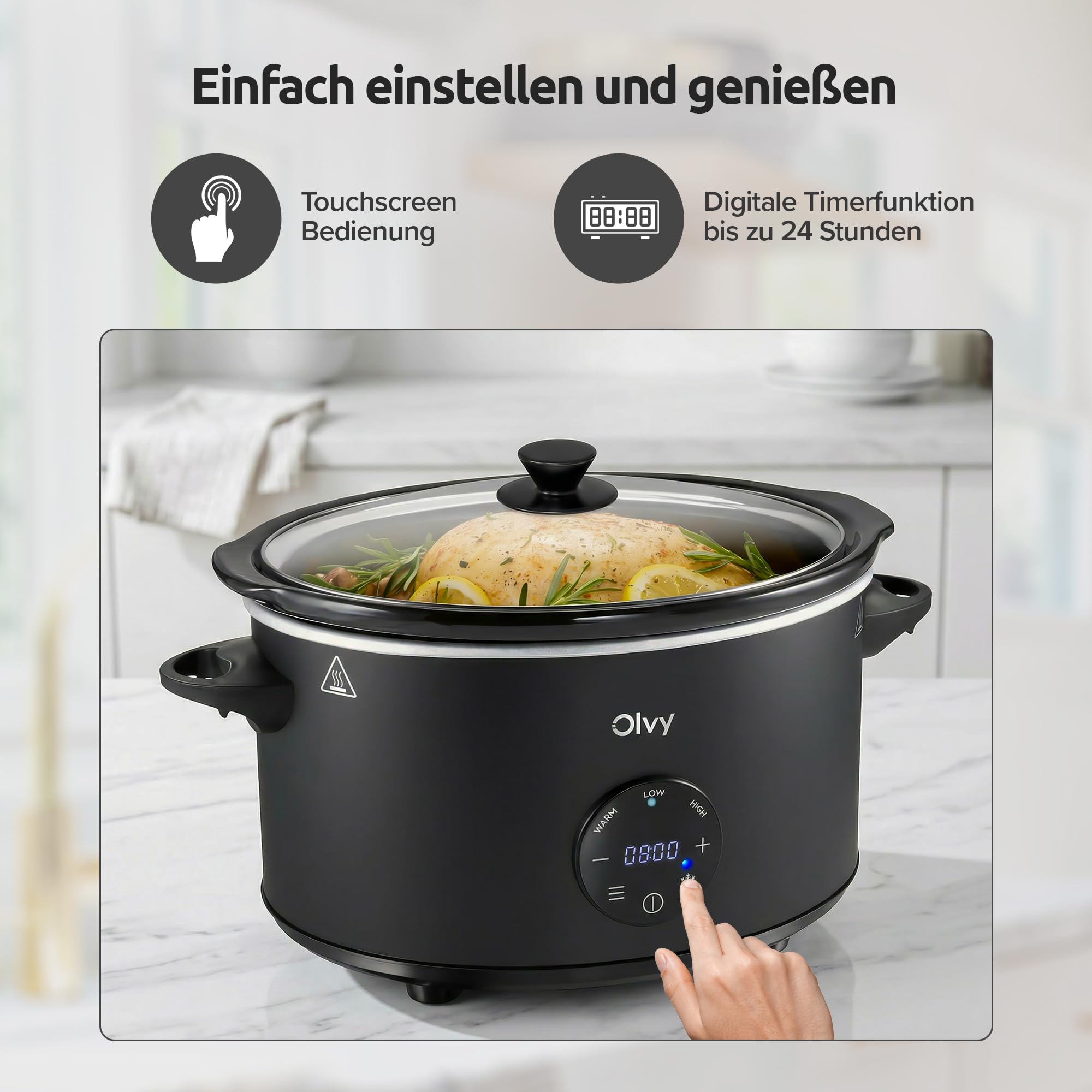 Olvy Slow Cooker 6L PRO Digital Schongarer mit Timer Warmhaltefunktion Auftaufunktion 24h Timer 3 Stufen Familie Meal Prep