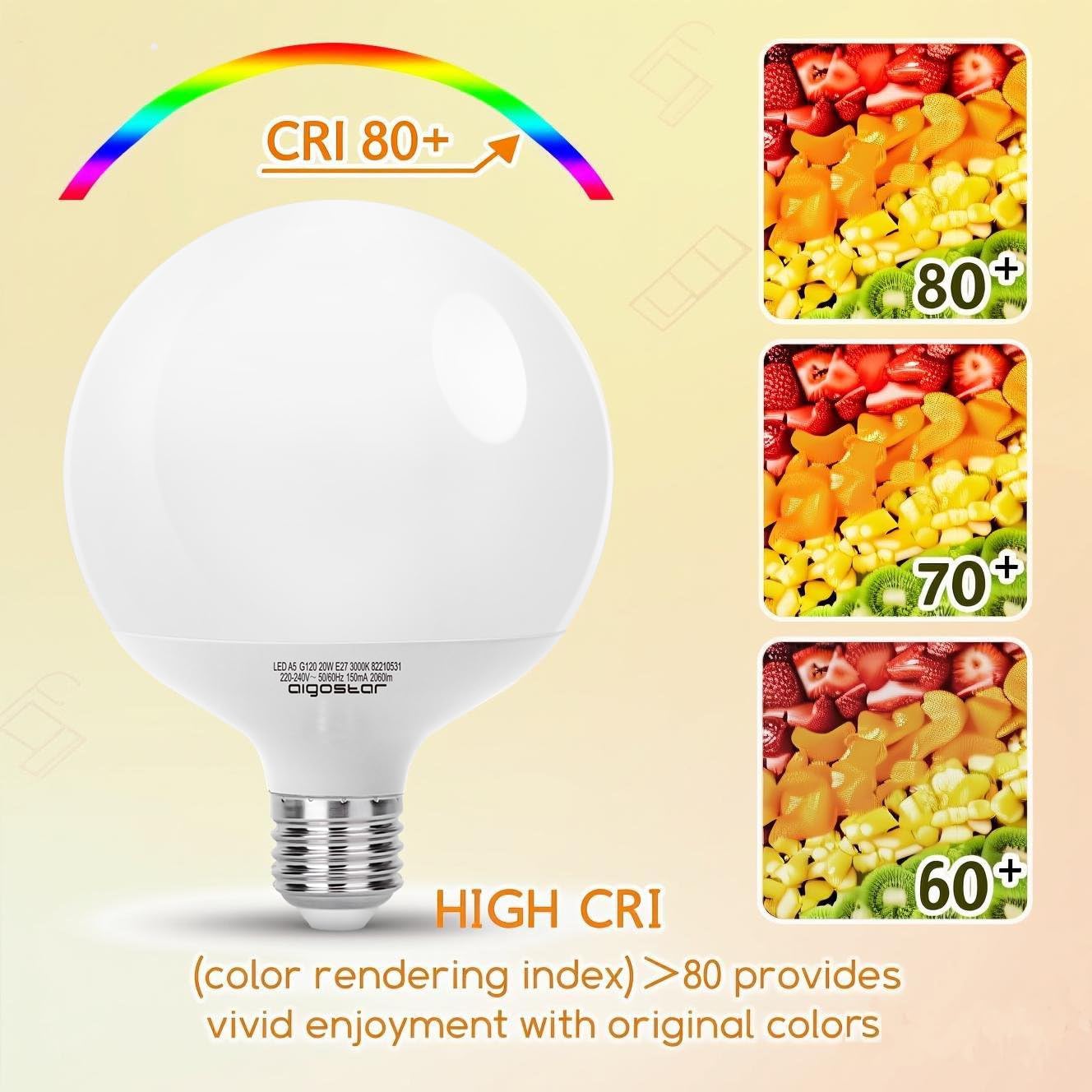 Aigostar Lampadina LED E27 G120 20W (Equivalente a 129W), Blanc Chaud 3000K, 2060 Lumen, CRI＞80, Angolo del Fascio di 180 Gradi, Non Dimmerabili, Pacco da 3