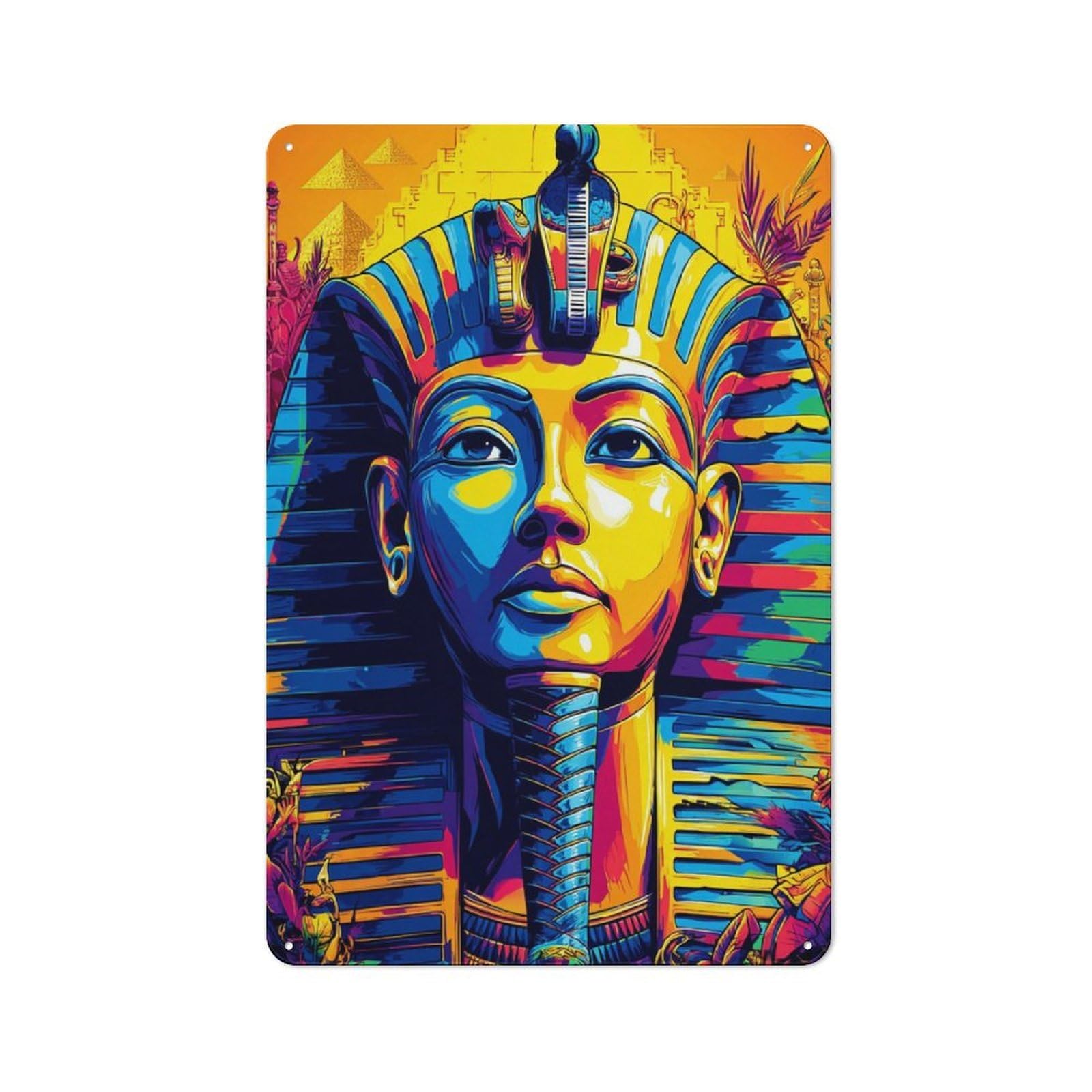 Junmoney Colorful Egyptian Pharaoh Portrait Cafe Style Metal Wall Decor 30X20cm, Vintage Metal Sign For Coffee Bar, Small Shop Or Dining Room