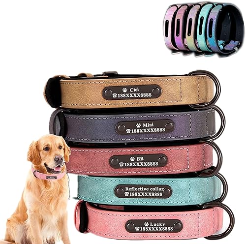 Miniatura 1 de Collares de perro personalizados, collar de cuero reflectante para perro, placa de identificación grabada, tamaños ajustables para perros pequeños,