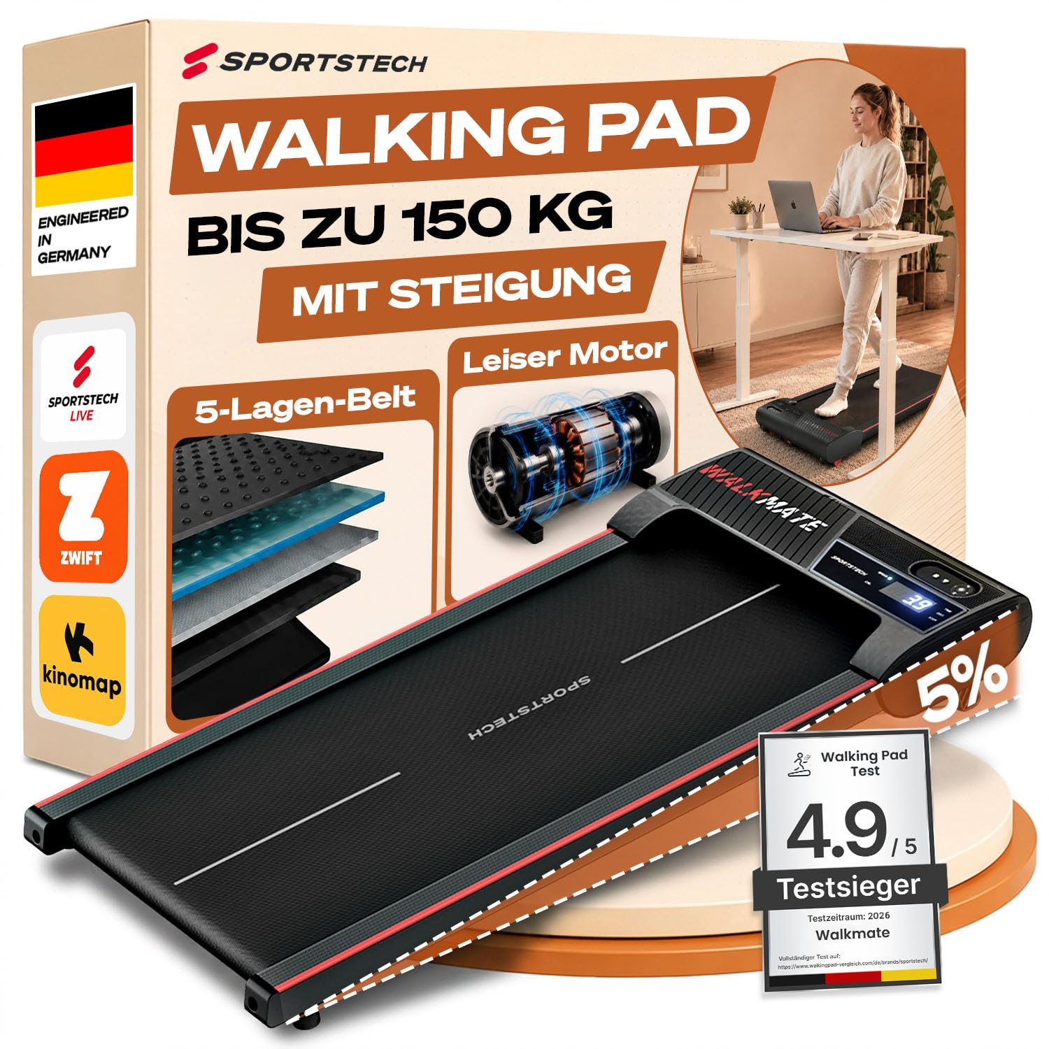 Sportstech Walking Pad - Laufband Für Zuhause mit Steigung bis 5% | 1-6km/h, inklusive App Mitgliedschaft | Home Office, Schrittzähler, leicht & kompakt, Transportrollen | WalkMate bis 120kg