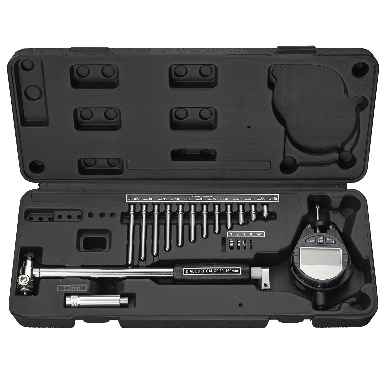 Neoteck Cyfrowy rozwiertak 50-160 mm z tarczą, precyzyjnymi otworami 0,01 mm, zestaw 12 głowic + drążek do warsztatu mechanicznego, do konserwacji samochodów, obróbki metalu, srebrny + czarny