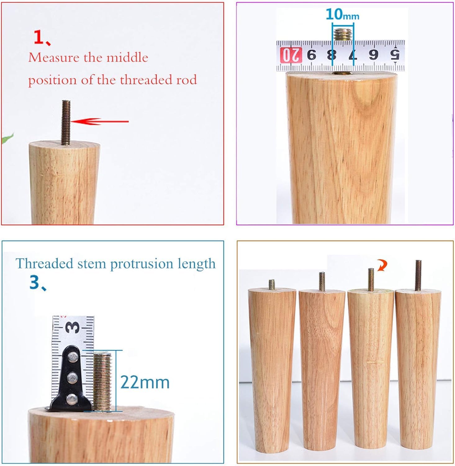 Juego de 4 husillos de Madera Maciza para Muebles, Rosca M10, de Madera de Nogal, cónicos, de Repuesto para sofá, Mesa y sillas (Rectos, 60 cm/23,6 Pulgadas)