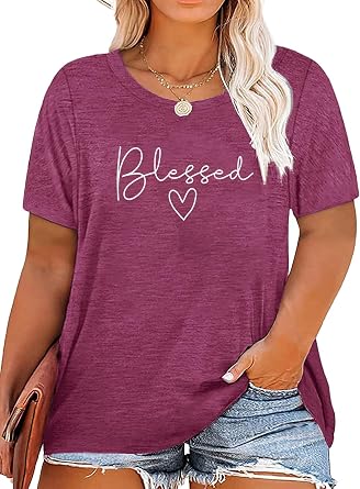 Binshre Plus Size Tops for Women Cute Graphic Tees Loose Fit Flower Printing Short Sleeve Crew Neck T Shirts