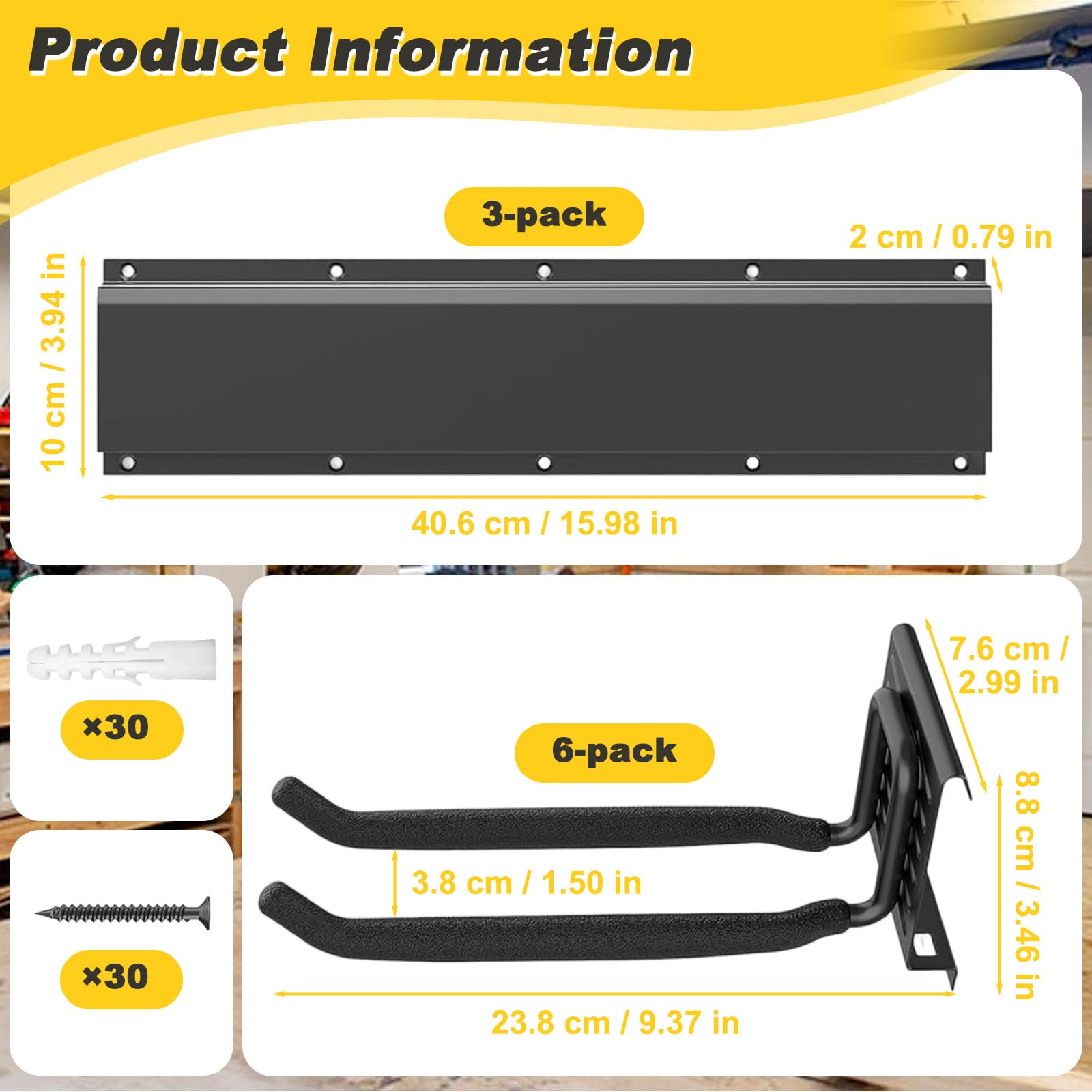 48 Zoll Wandhalterung Gerätehalter mit 6 Verstellbar Haken, Metall-Wandregal Gartengerätehalter, Garten Wand Werkzeughalter, Garagen Werkzeug Organizer für Skiausrüstung, Stühle, Besen, Rechen, Mopps