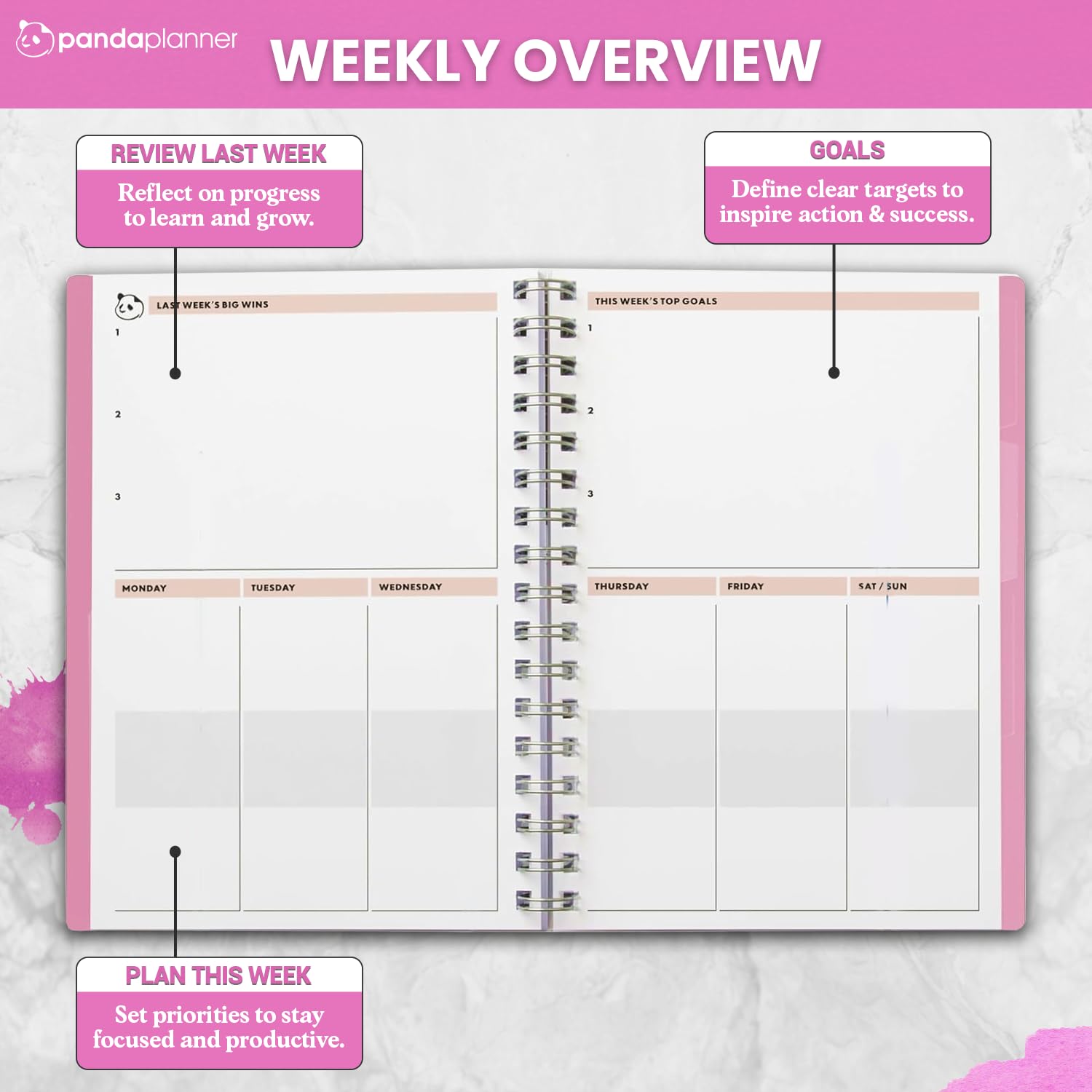 Panda Planner Daily Planner 2.0 - 90 Day Undated Productivity Journal, Softcover, Pink