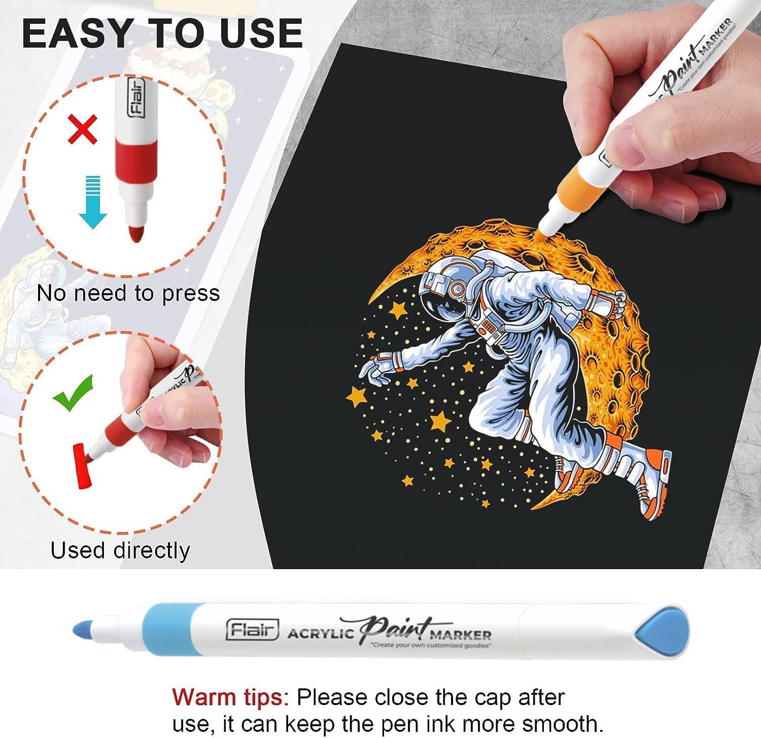 FLAIR Creative Pigmented Acrylic Paint Pen Set | Provides Excellent Coverage | Ideal For Use Rocks Painting, Wood, Canvas, Ceramic, Scrapbooking, DIY Crafts | 12 Shades Pack