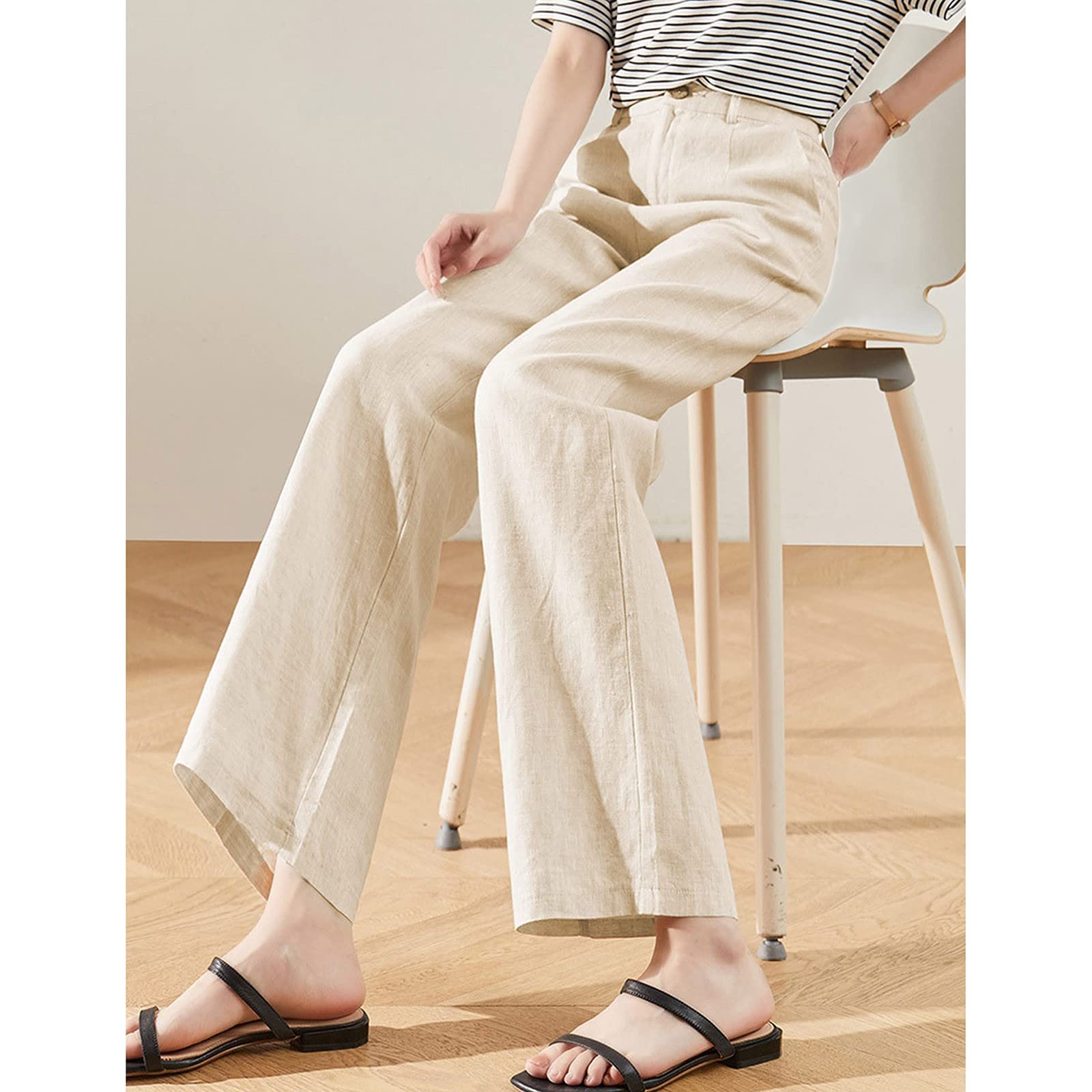 Pantalon Femme, Décontracté À Jambe Large En Coton Et Lin Pour, Idéal Pour L'Été