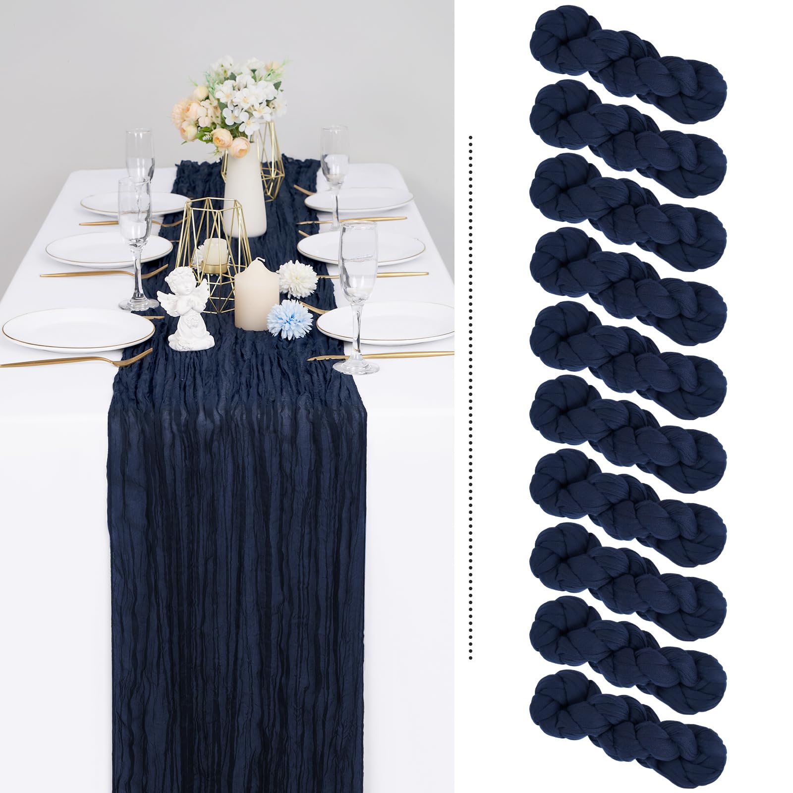 Showgeous 10 Pack Navy Blue Cheesecloth Table Runner Gauze Table Runner 10FT Long Semi-Sheer Table Runner Boho or Rustic Wedding Table Decor for