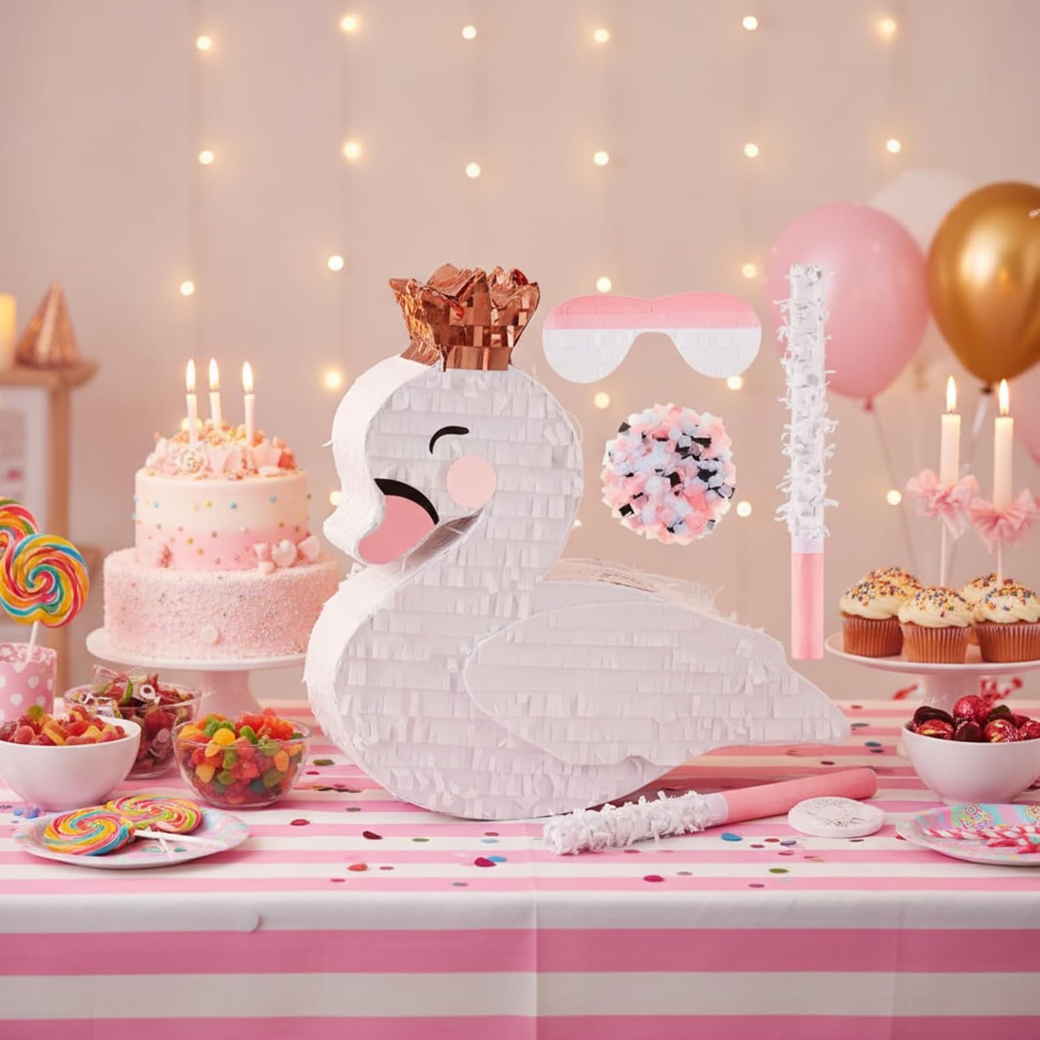 Lewtemi Swan Piñata for Birthday Party Supplies Pink Piñata with Stick, Blindfold, Confetti for Adults Birthday Baby Shower Ballerina Party Game Decorations