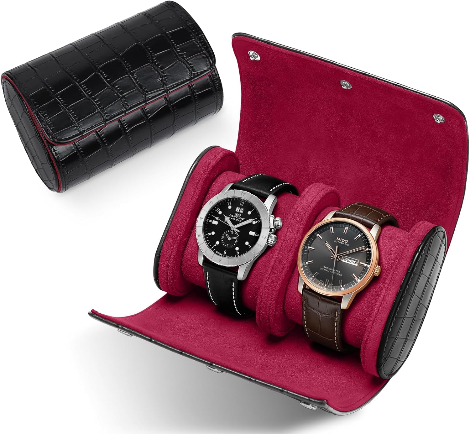PU Leather Watch Roll Case Organizer-Secure Storage with Removable Pillows & Solid Dividers, Portable Men's Watch Display Case for Home, Travel, and Anniversary Birthday (Black-2