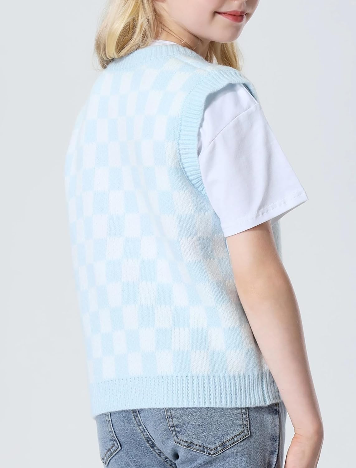 Mebius Girl's Cute Preppy Sweater Vest Sleeveless V Neck Knit Casual School Plaid Checkered Strawberry Cropped Top