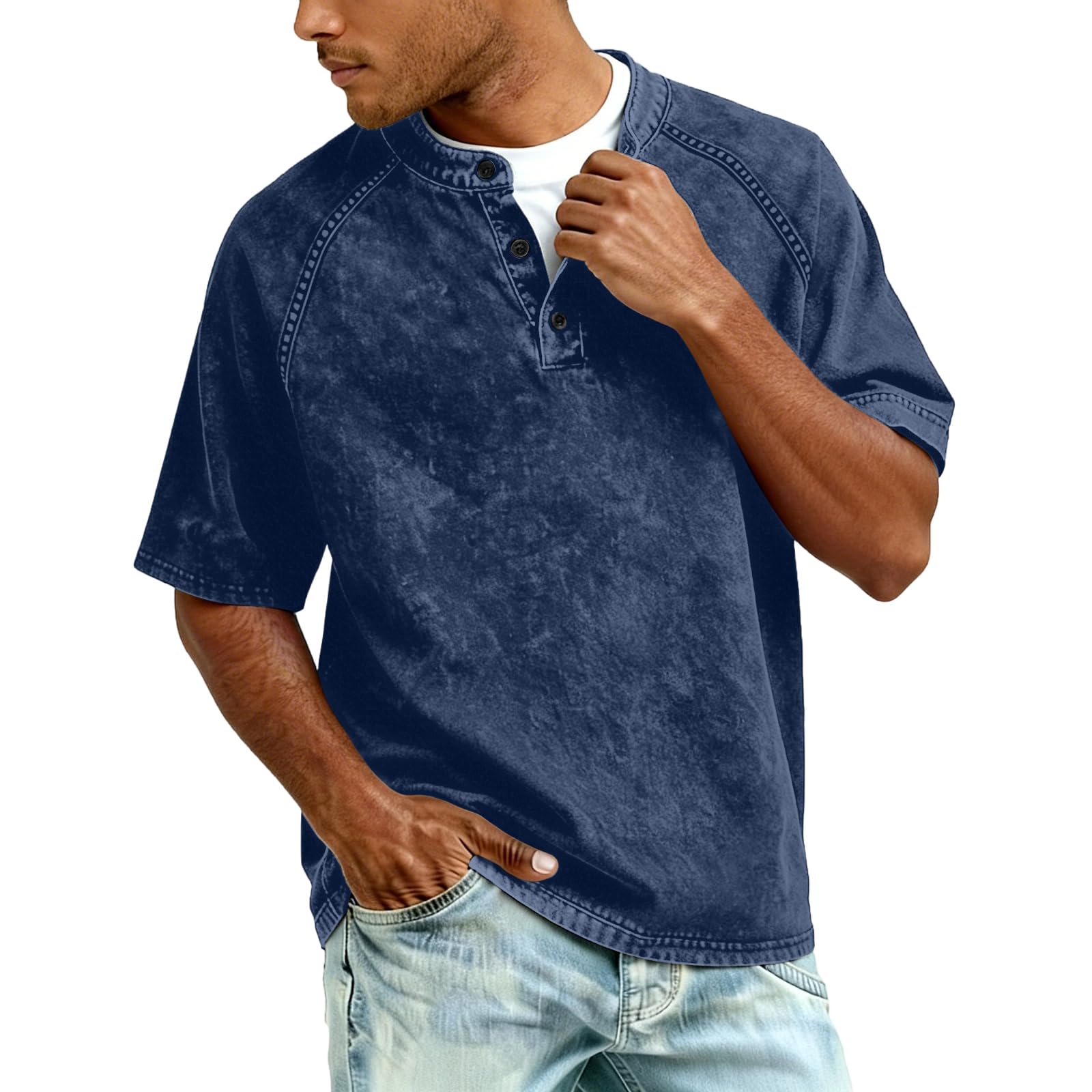 Acid Wash Tshirt for Men Short Sleeve Vintage Henley Shirts Heavyweight Vintage Oversized Denim Shirt Boxy Tees