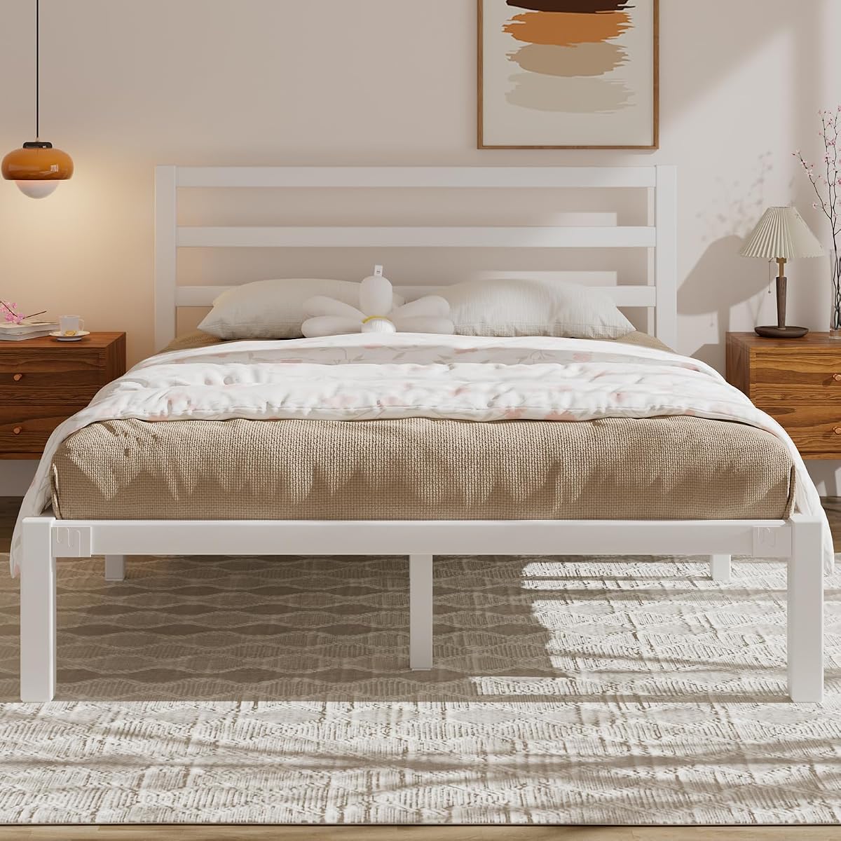 Queen Metal Platform Bed Frame with Headboard, Stable & Noiseless, White