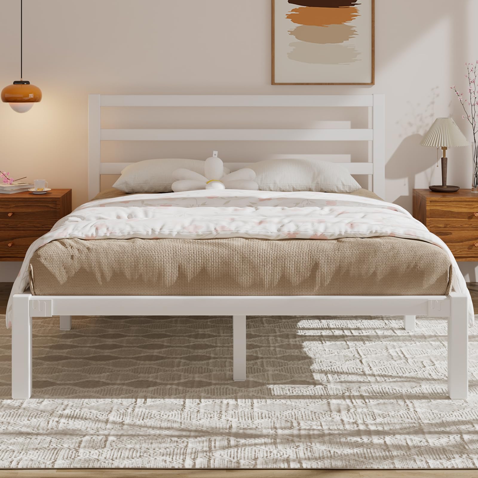 Queen Metal Platform Bed Frame with Headboard, Stable & Noiseless, White