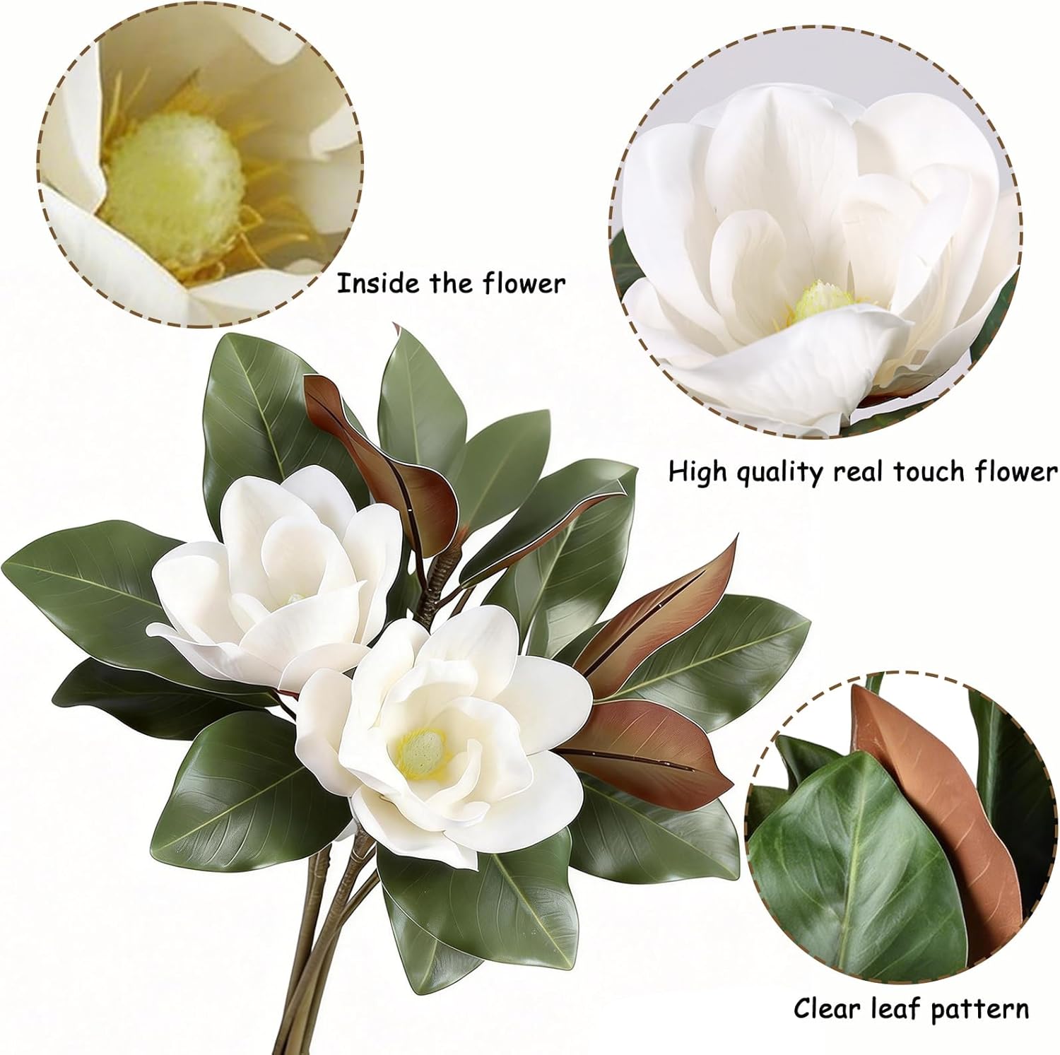 5Pcs Faux Magnolia Leaves and Flowers Set, Realistic Magnolia Stems, Flocked Faux Leaves Floral Picks Artificial Forever, for Indoor Outdoor Vase Filler