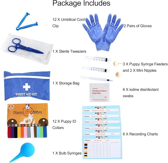 Whelping Kit,Whelping Kit for Puppies Birth with 12pcs Collars,Puppy Feeding Tube etc,Newborn Puppy Supplies Blue