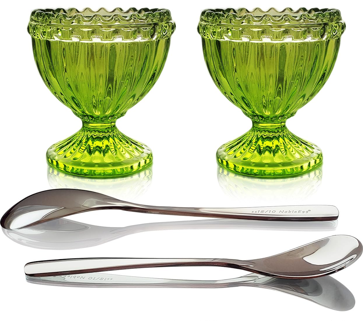 nobleegg glass egg cups for soft boiled eggs  egg spoons  vintage style  green 2
