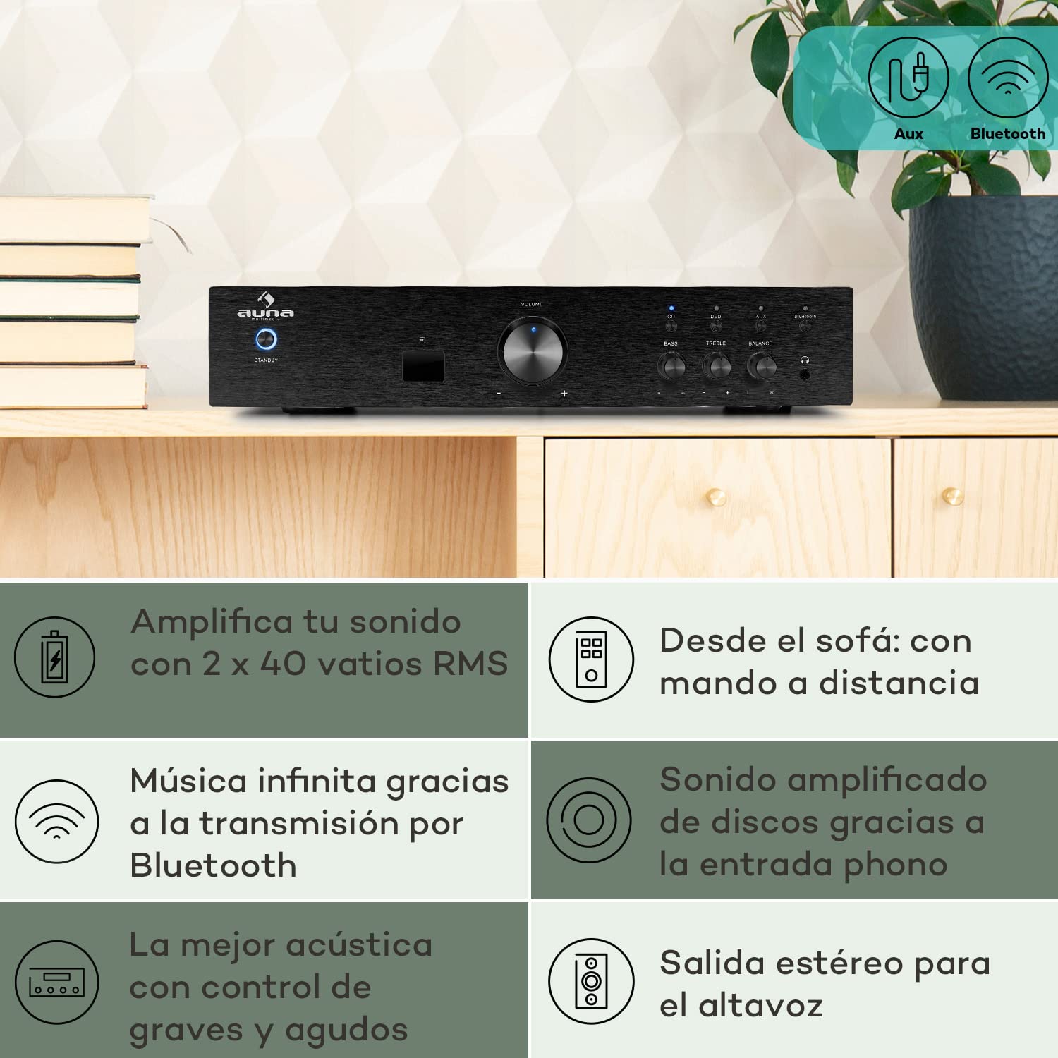 Auna Amplificador Audio Equipo de Musica para Casa, Amplificador HiFi y AV, Control de Bajos y Agudos y Entrada AUX, Amplificadores de Sonido Subwoofer, 1 Canal de Audio y Altavoz con Mando