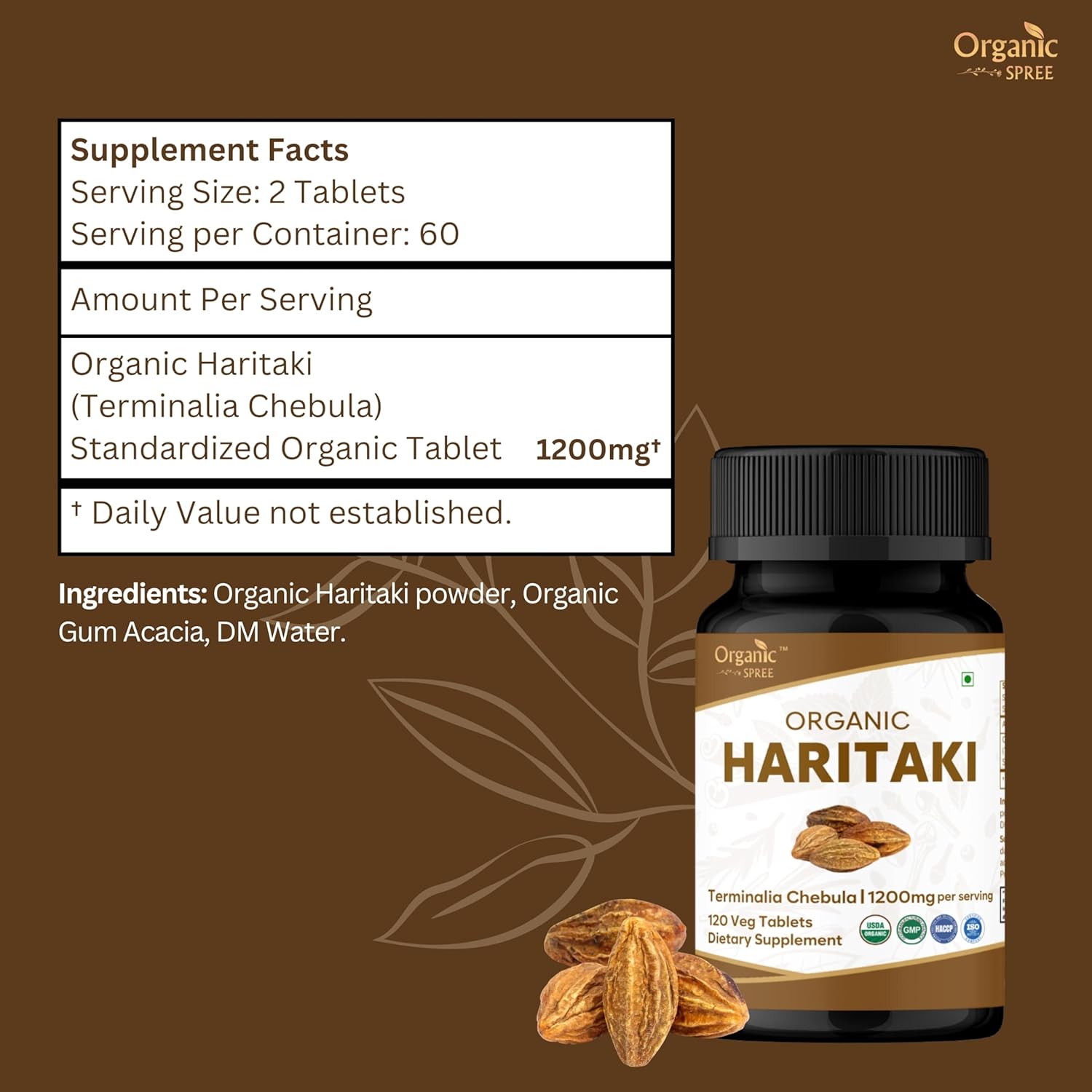 ORGANIC SPREE Haritaki 120 Tablets | Terminalia Chebula (Haritaki) | USDA Organic Certified | Improves Digestion and Detoxification* | Dietary Supplement 120tab - Pack of 2
