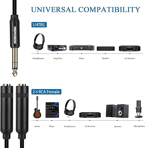 Miniatura 2 de HOSONGIN Cable divisor estéreo de 14 pulgadas (paquete de 2), adaptador TRS macho de 14 pulgadas a doble TRS hembra Y, chapado en oro, cable de