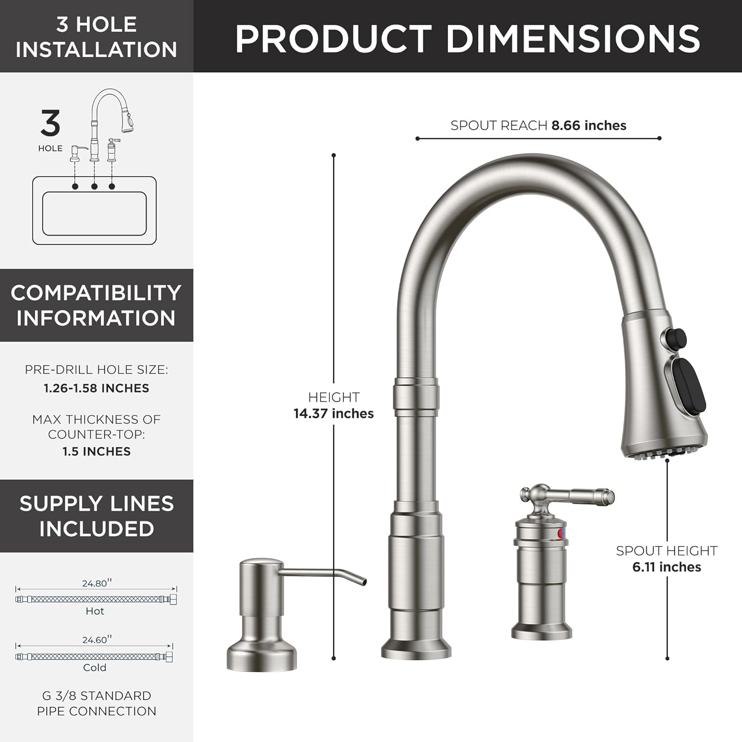 FORIOUS 3 Hole Kitchen Faucet with Soap Dispenser, Brushed Nickel Stainless Steel Vintage Pull Down Sprayer Kitchen Sink Faucet with Single Seperate Handle, Suitable for Farmhouse Outdoor Rv Bar
