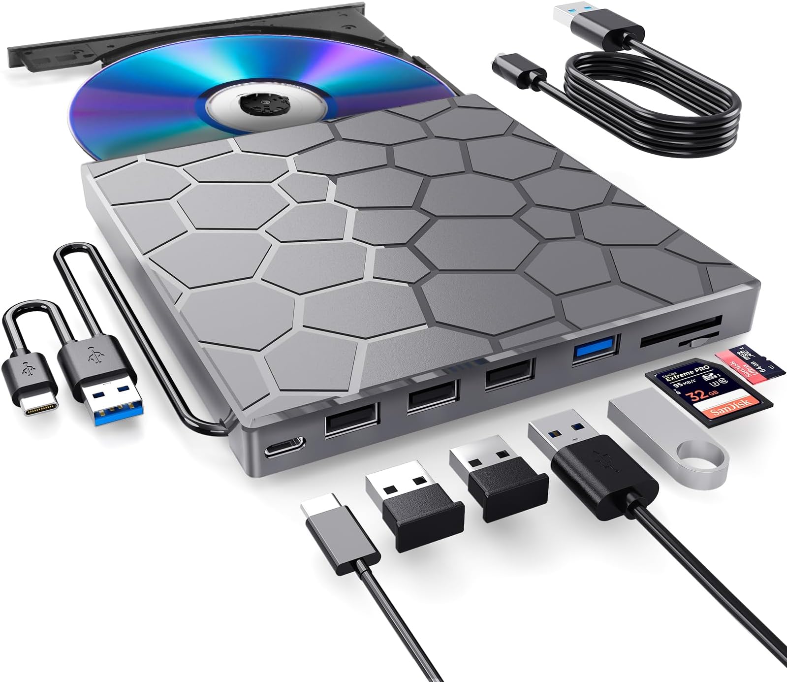 BPAKDU External CD/DVD Drive for Laptops DVD Player 8-in-1 USB 3.0 Ultra Slim Portable (Gunmetal Gray)