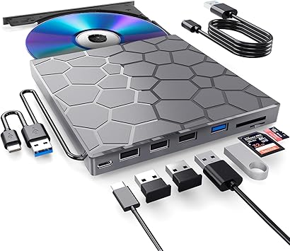 BPAKDU External CD/DVD Drive for Laptops DVD Player 8-in-1 USB 3.0 Ultra Slim Portable Gunmetal Gray