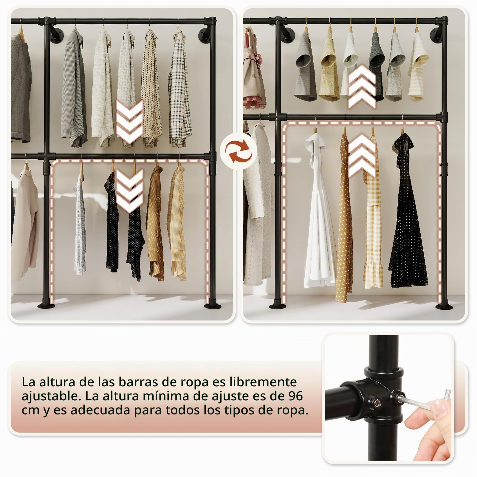SMONTER Perchero industrial tubular de metal, altura ajustable, para colgar ropa, barra pesada montada en la pared, para armario, dormitorio, 6 rejillas