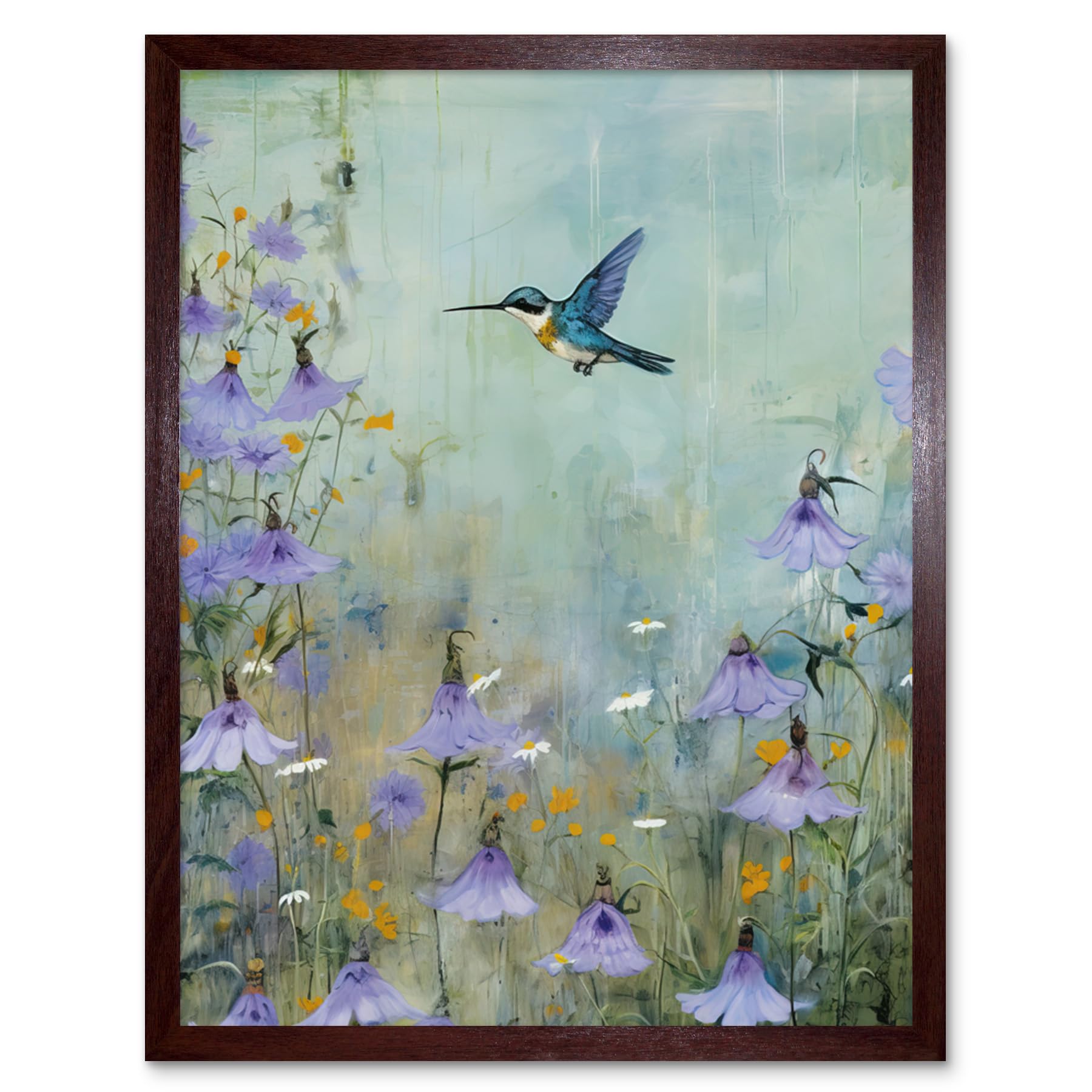 Artery8 Bluebell Hummingbird Pastel Painting Nectar Flowers Field Oil Painting Colour Artwork Framed Wall Art Print 9X7 Inch