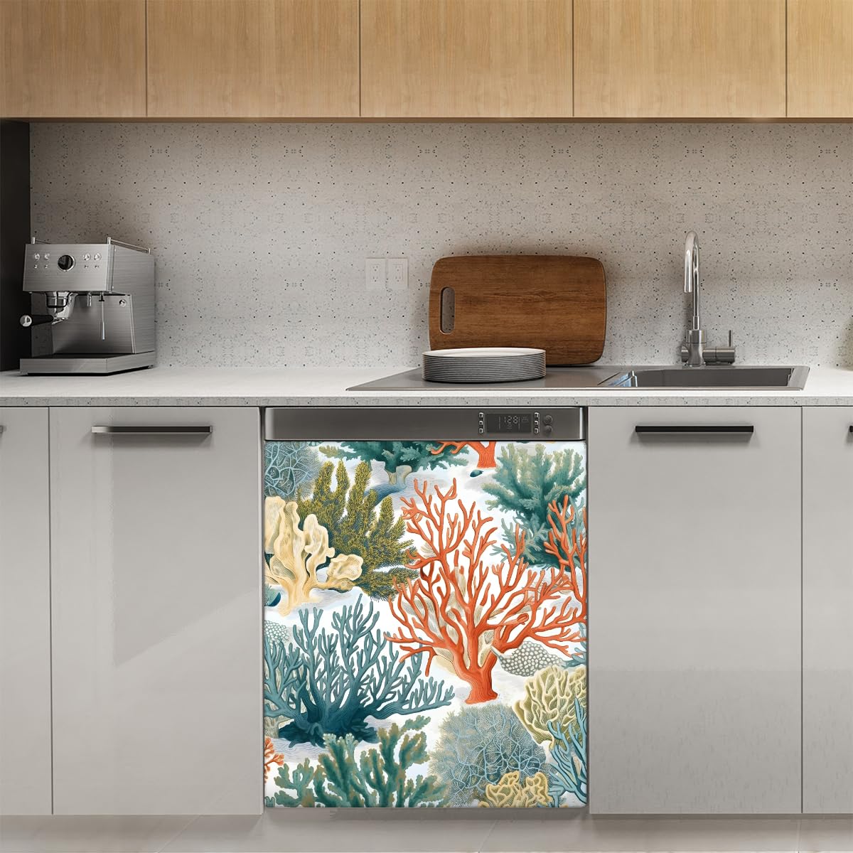 Mexpekil Adesivo decorativo per lavastoviglie Coral Sea, 53 x 66 cm, adesivo decorativo per lavapiatti per porta d'ingresso, impermeabile, per pannello elettrodomestico da cucina, decalcomania