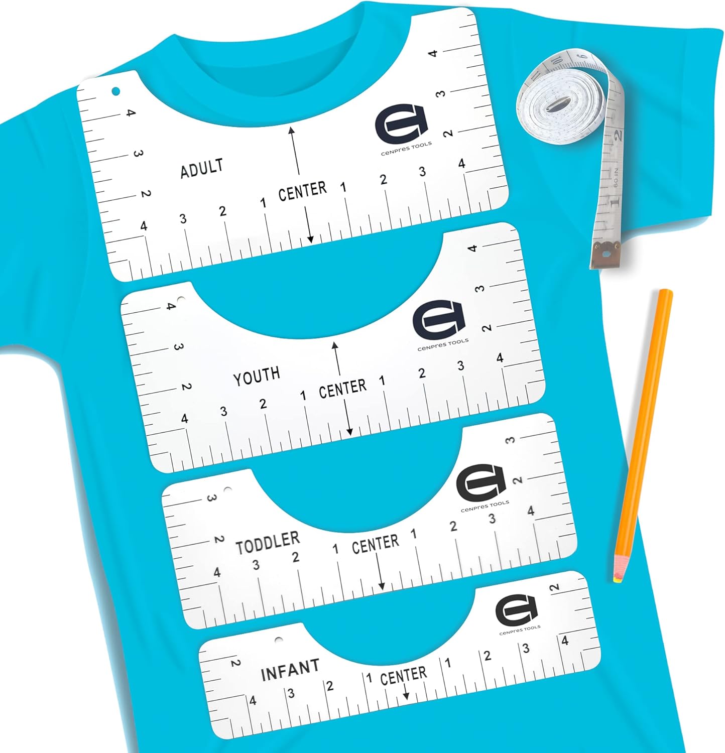 Tshirt Ruler Guide 6pcs for T Shirt Vinyl Alignment | Best Tool for Adult, Youth, Toddler, Infant | Flexible Ruler Accessories for Heat Press Sublimation by Cenpres Tools (Transparent) : Arts, Crafts & Sewing