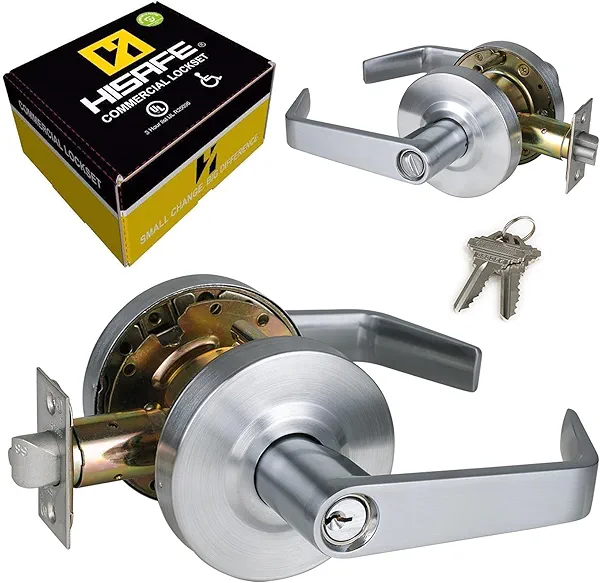 HISAFE Keyed Entry Grade 2 Commercial Door Locks Heavy Duty Office Door Lever, Non-Handed, UL 3 Hour Fire Rated, ADA Compliant, Satin Chrome Finish 26D, 2-3/4''Backset X-XG-ET-70
