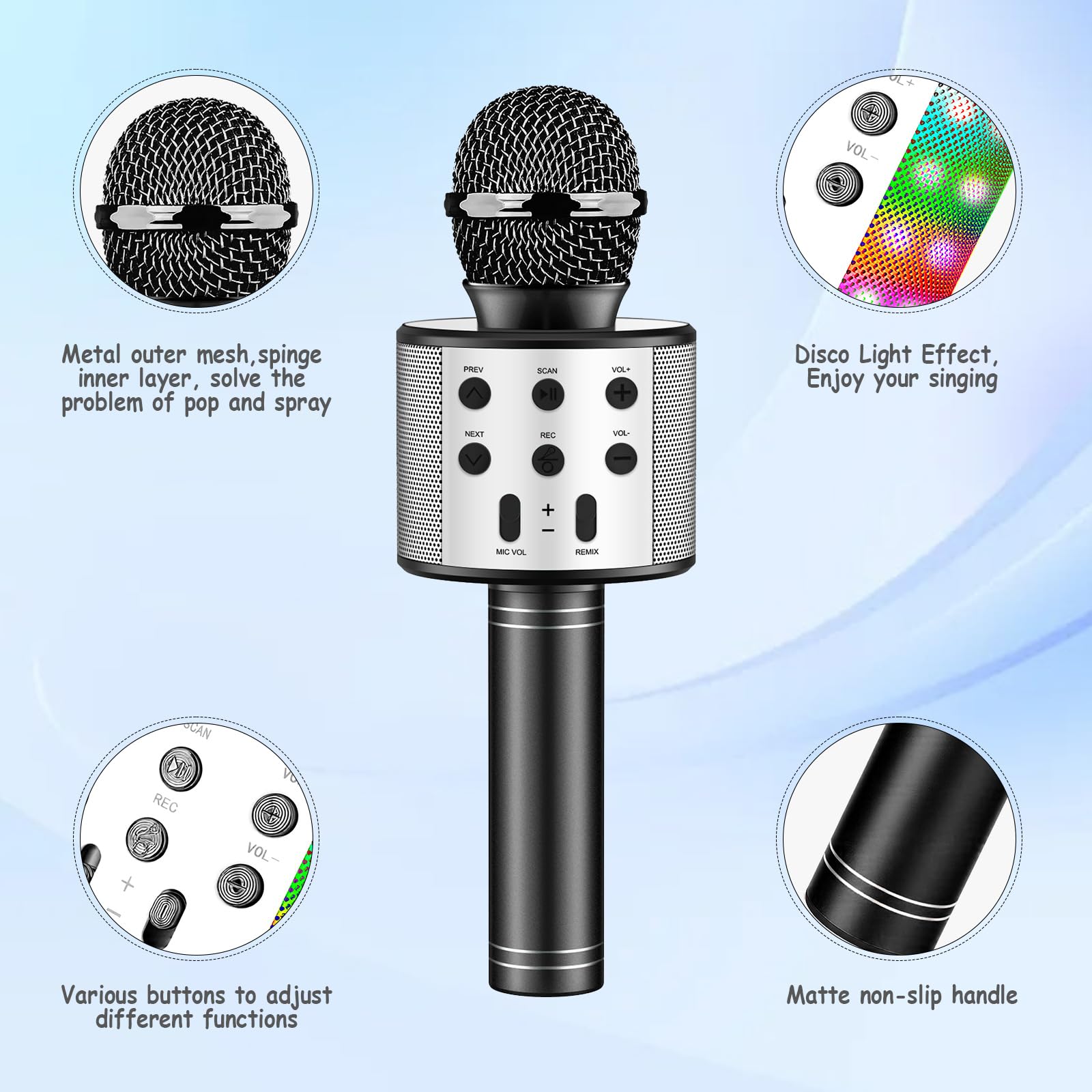 Microphone Karaoké sans Fil Bluetooth avec Lumière LED Multi Couleur, Microphone Karaoke pour Enfants/Adultes Chanter Club Noël Anniversaire Soiree Famille Youtube Live, Idée Cadeau (Noir)